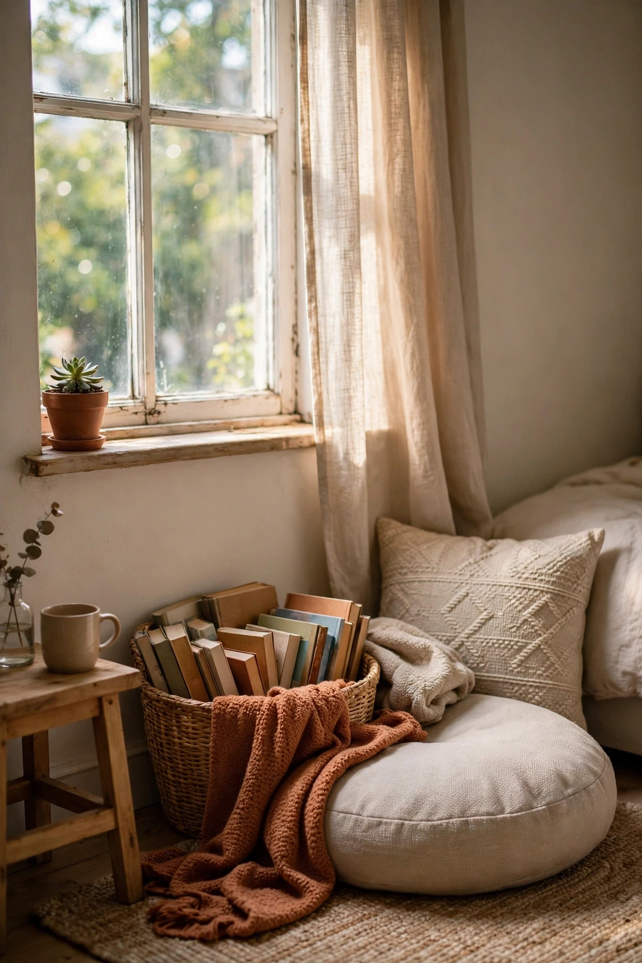 Cozy reading corner with a floor cushion basket of books and a throw by a window