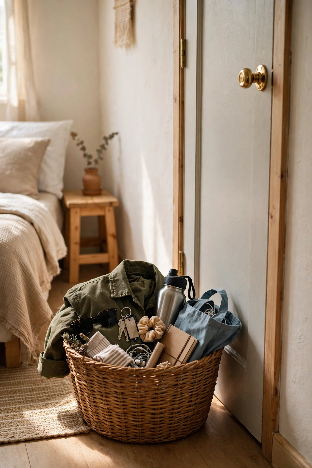 Woven reset basket by a small bedroom door holding a jacket and odds and ends