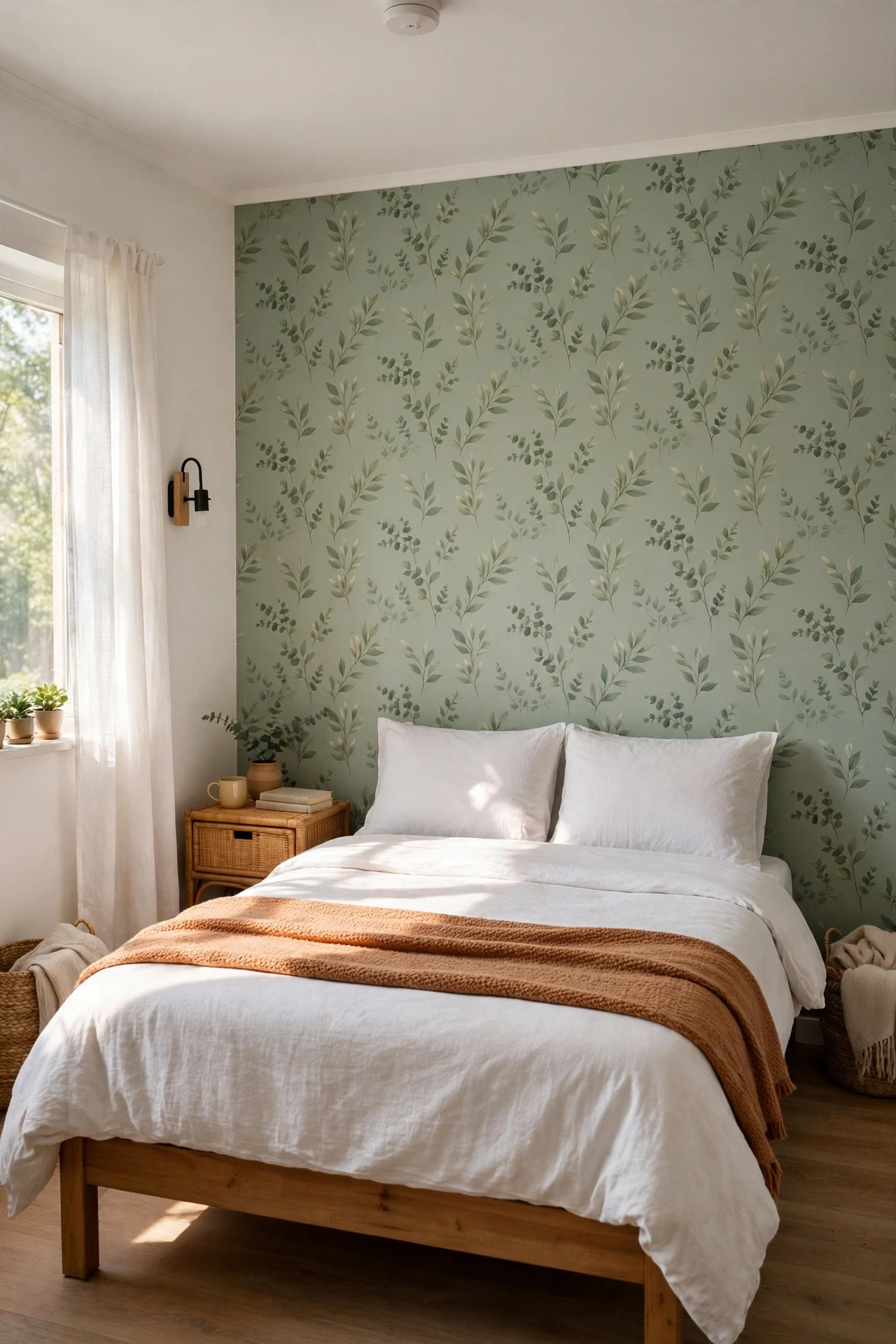 Peel-and-stick wallpaper feature wall behind a bed in a rental bedroom