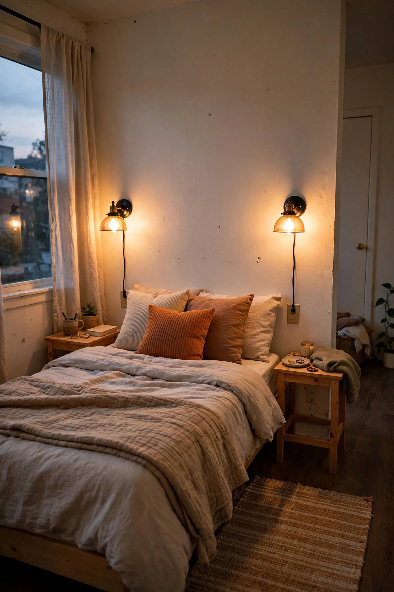 Warm plug-in wall sconces either side of a bed in a small rental bedroom