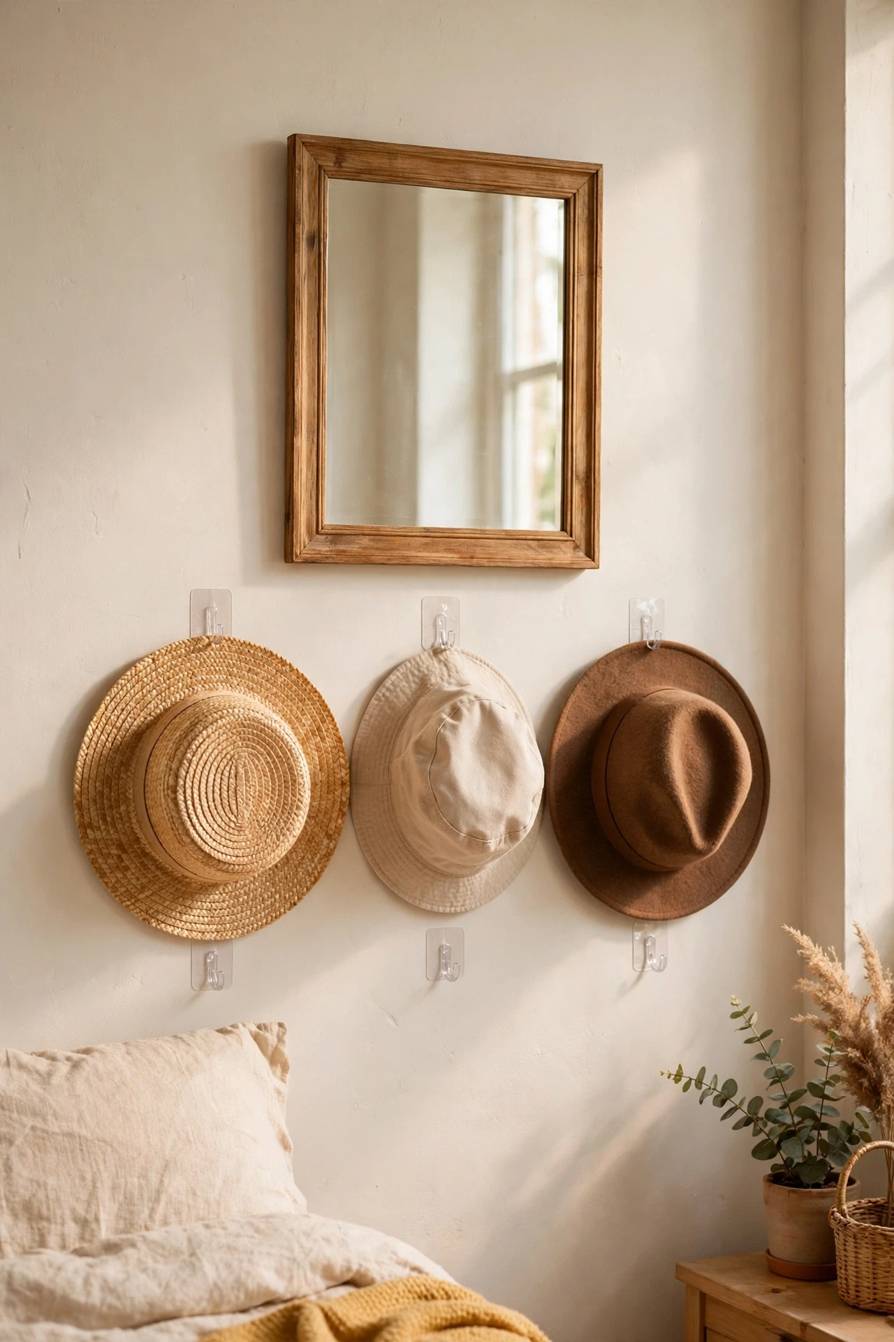 Framed art mirror and hats hung on removable hooks in a small bedroom