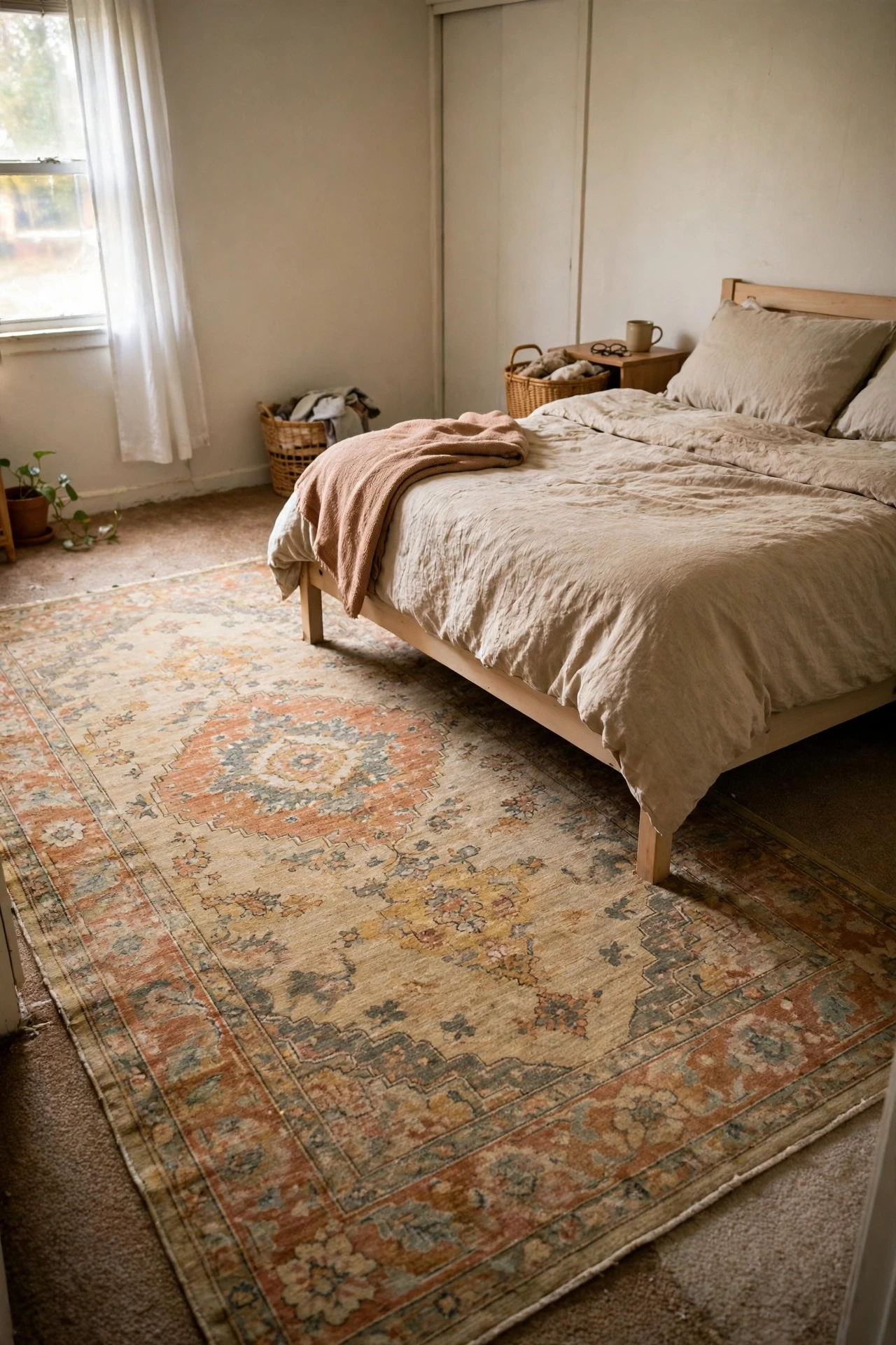 Large washable vintage-style rug covering carpet beside a bed