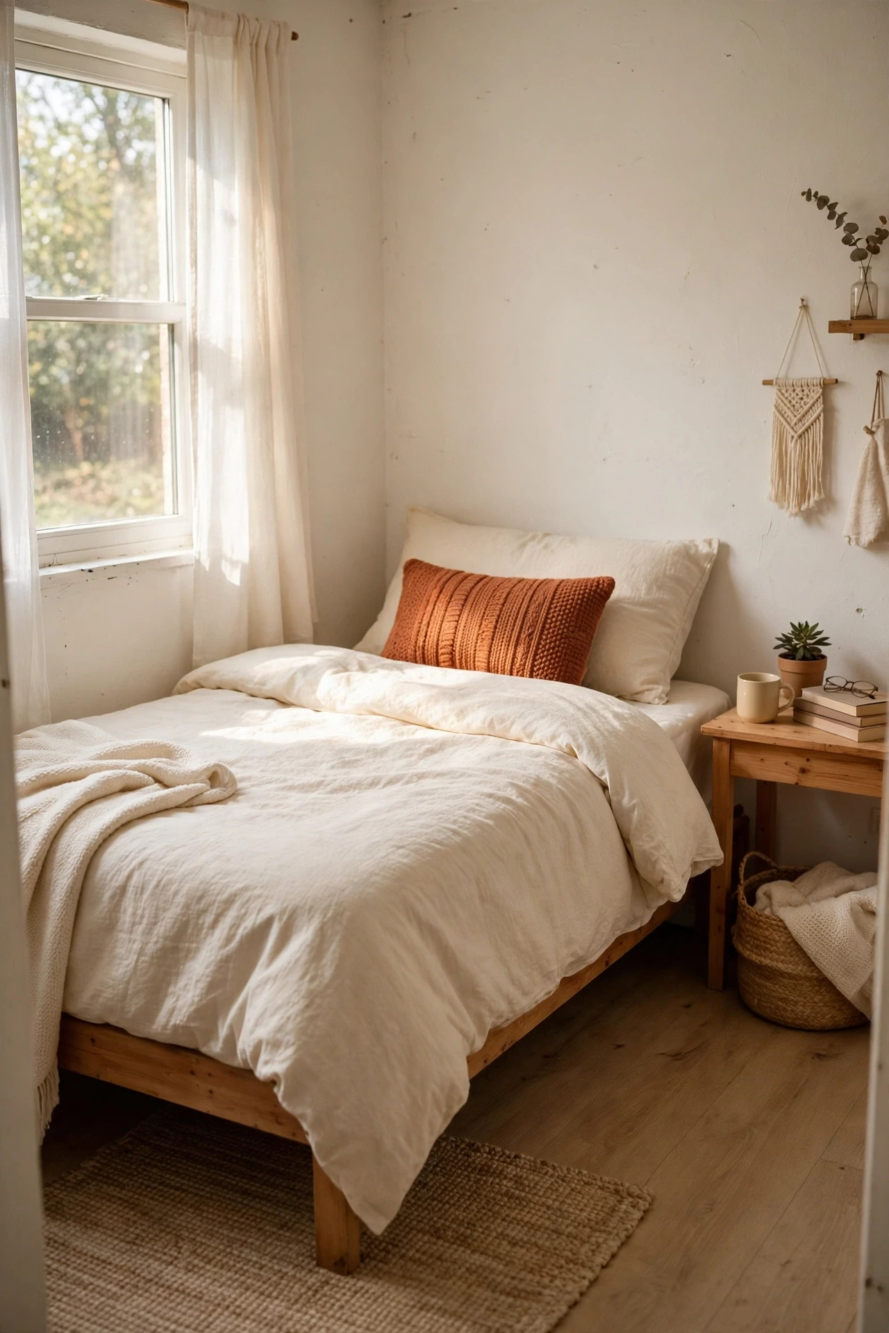 Bed dressed in a cream duvet cover with a rust cushion in a rental bedroom