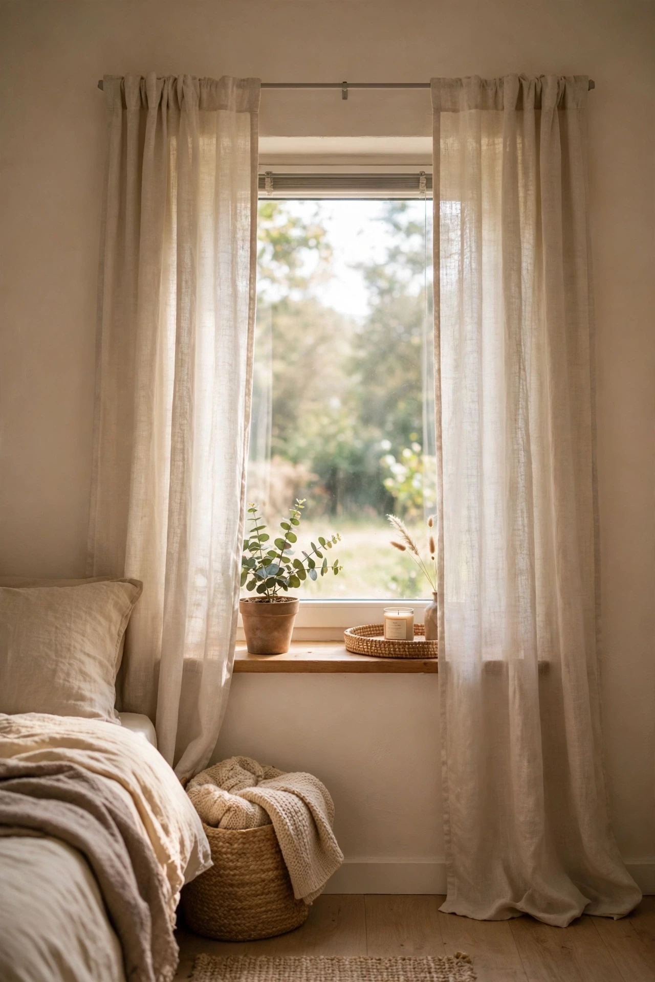 Light linen curtains on a no-drill tension rod in a small bedroom window