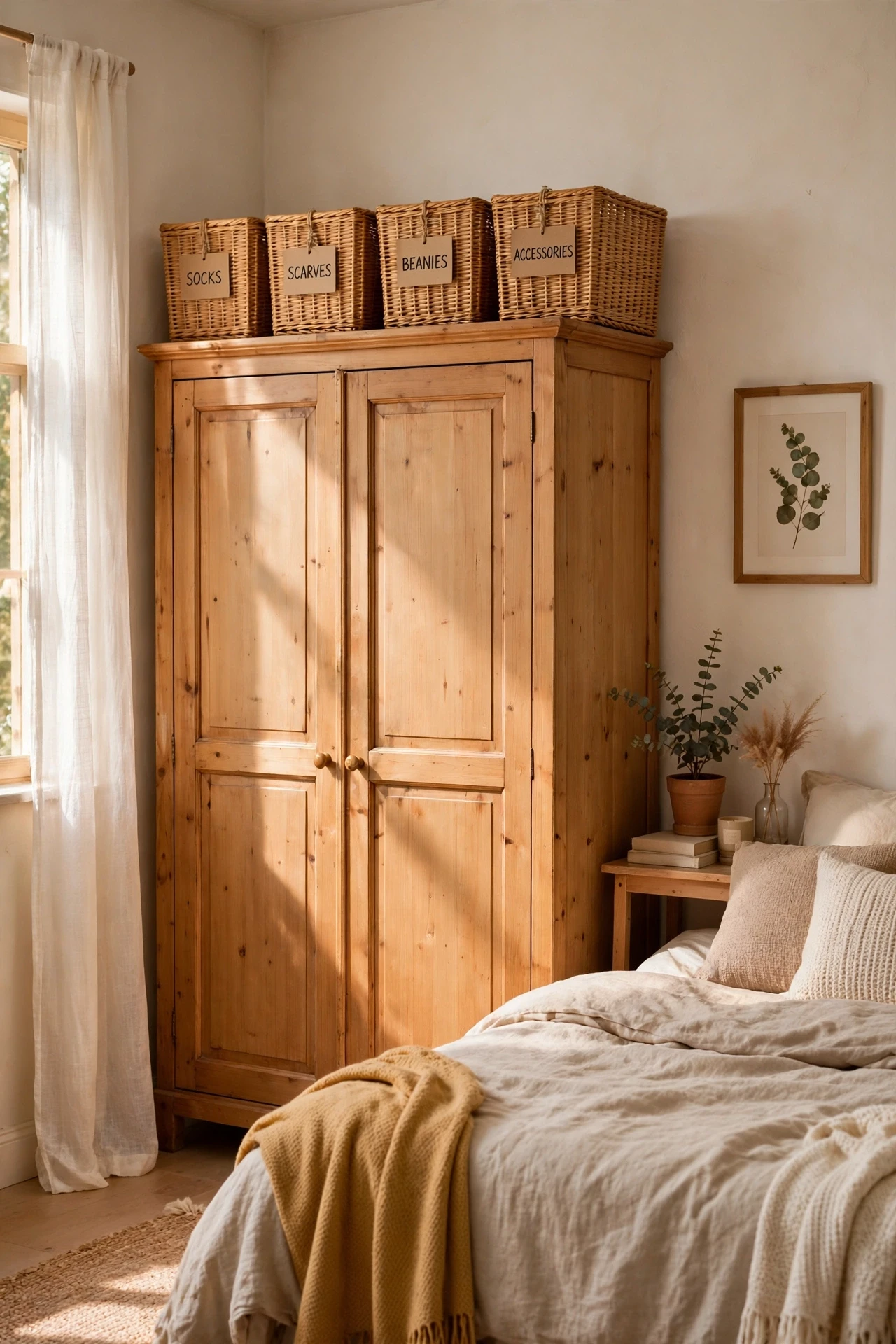 Matching labelled baskets on top of a wardrobe in a small bedroom
