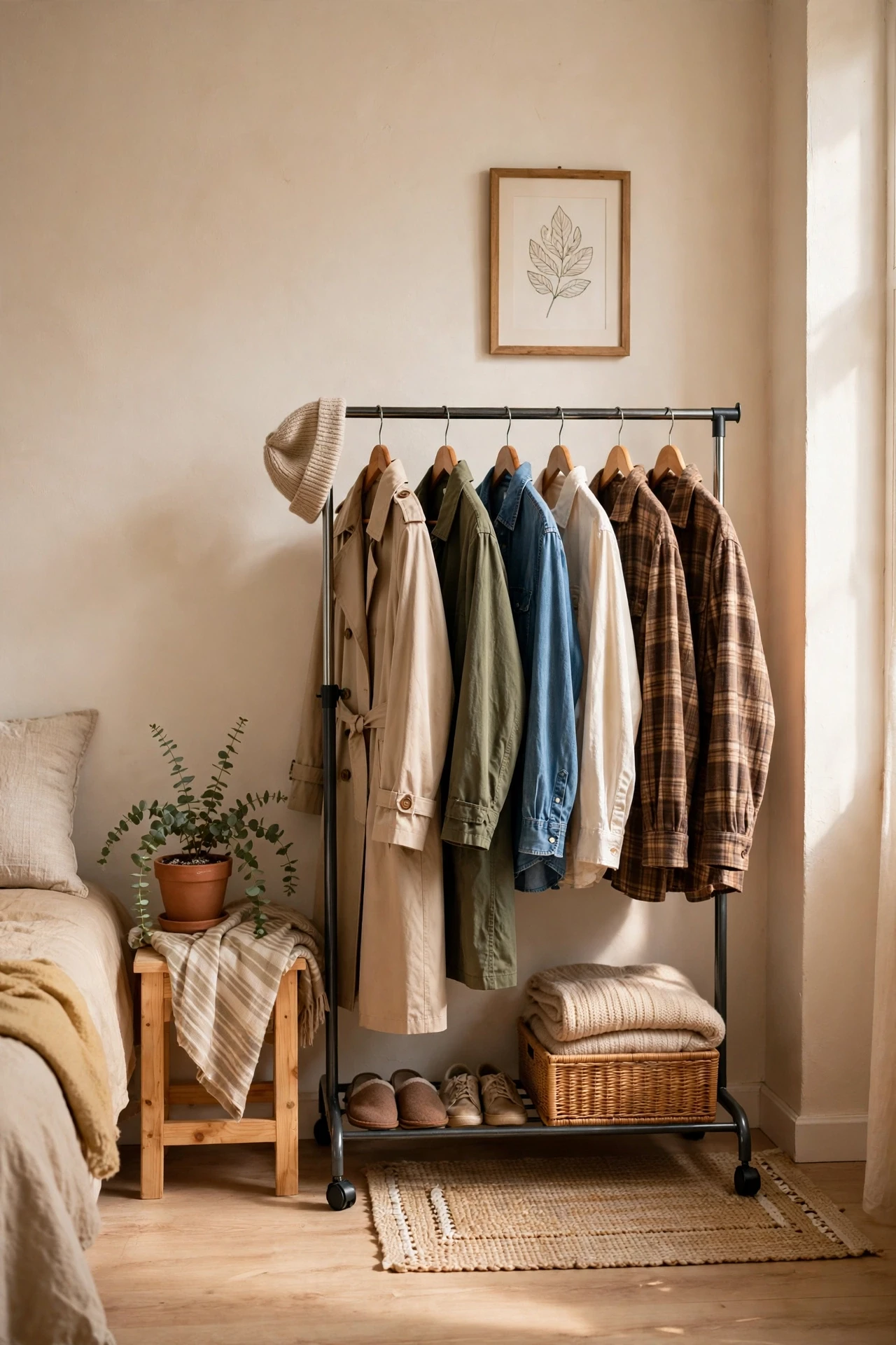 Rolling garment rack with coats and shirts against a small bedroom wall