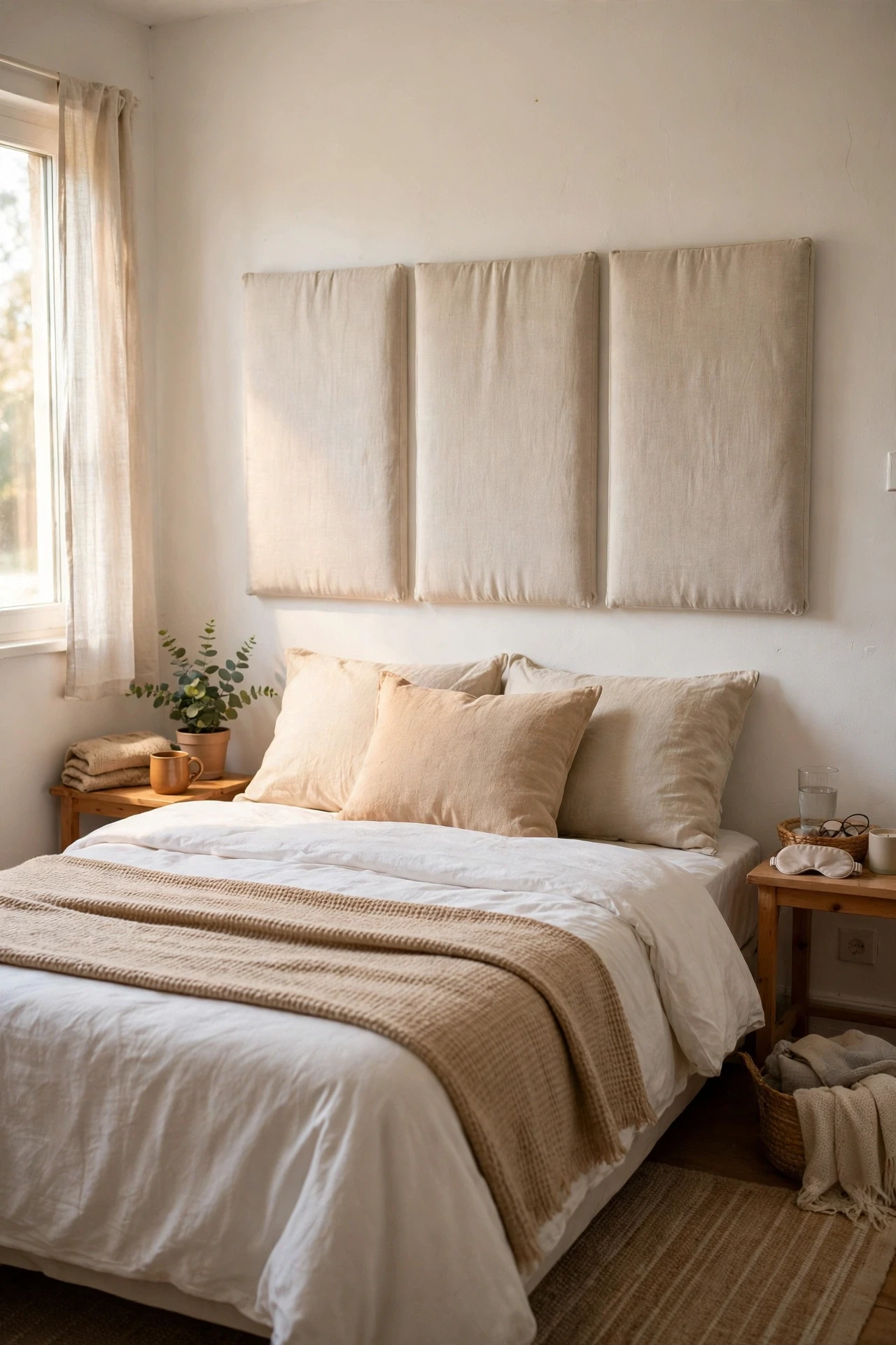 Light fabric headboard panels mounted on a wall behind a bed