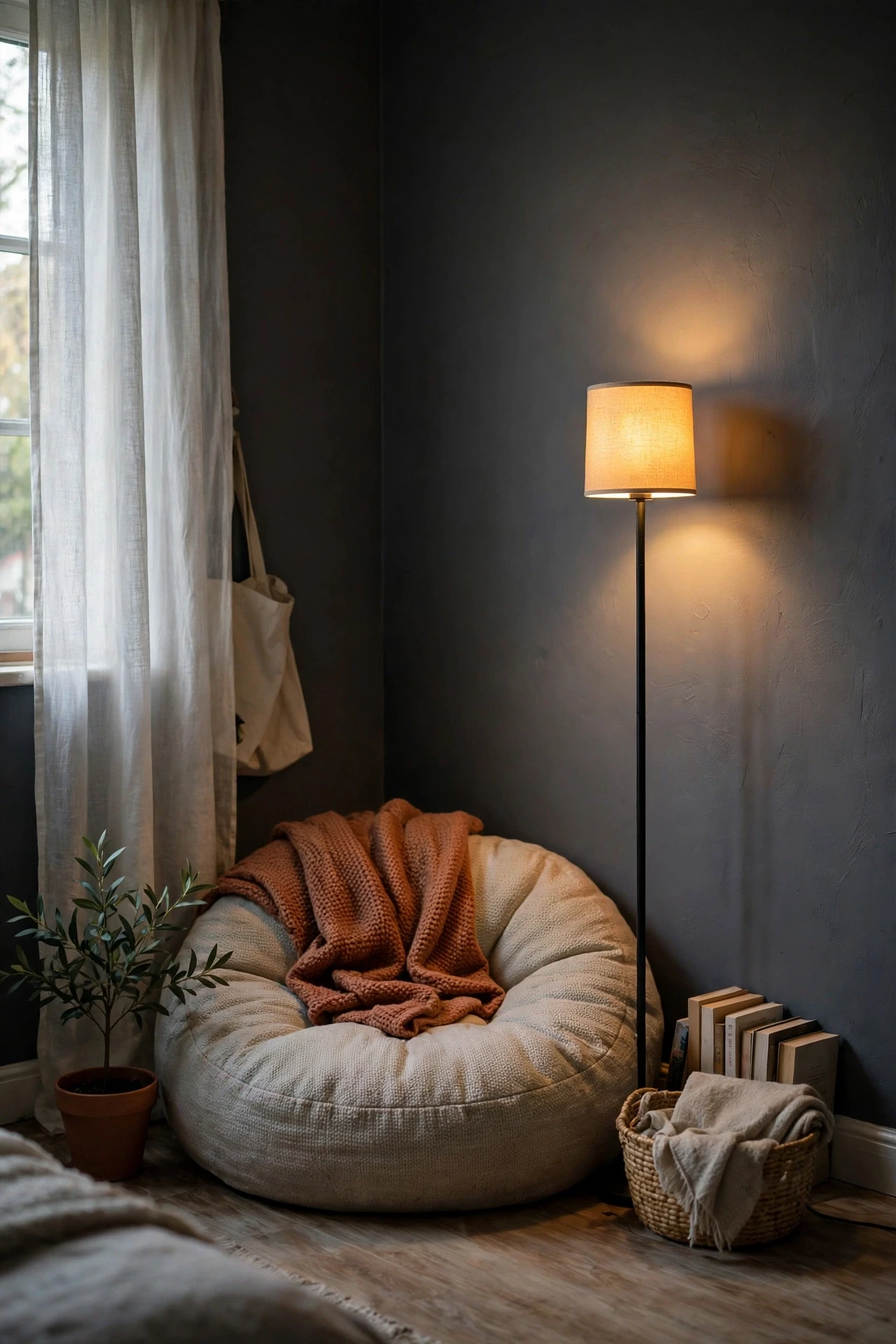 Slim floor lamp glowing in a dark bedroom corner beside a cushion