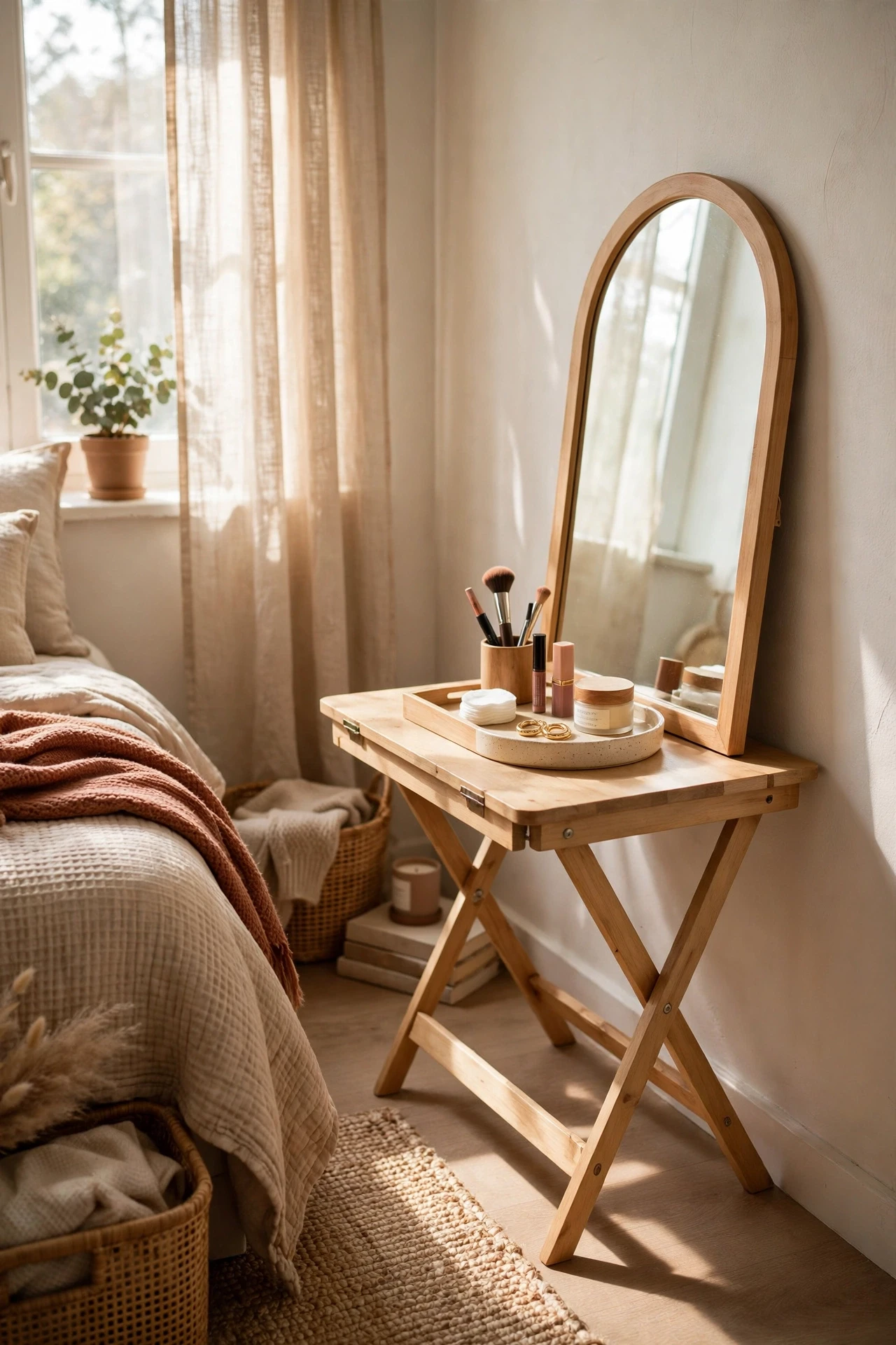 Small folding desk used as a vanity with a mirror and tray in a bedroom