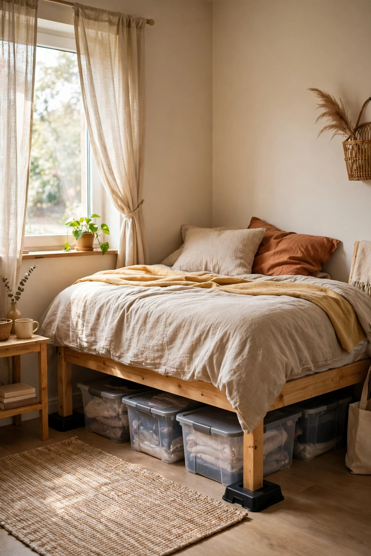 Bed raised on risers with flat storage bins underneath in a small bedroom