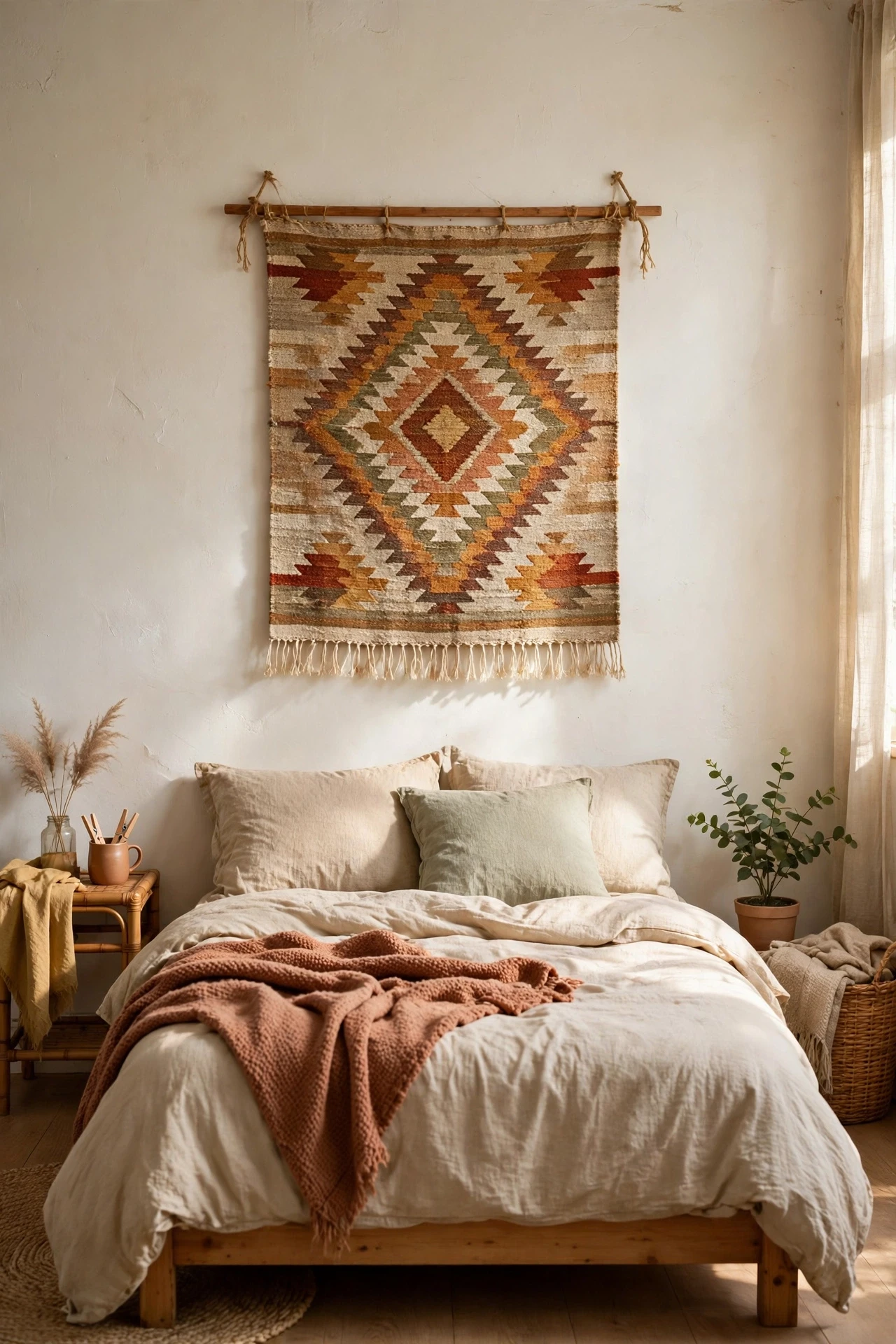 Woven tapestry hanging straight on a bedroom wall above a bed
