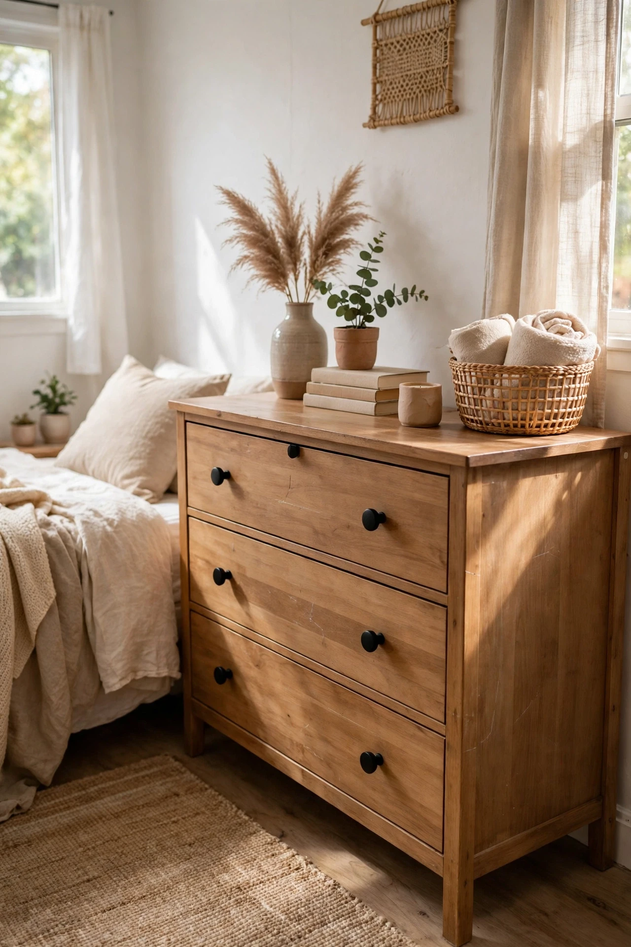 Wooden dresser with new matte black knobs in a small rental bedroom