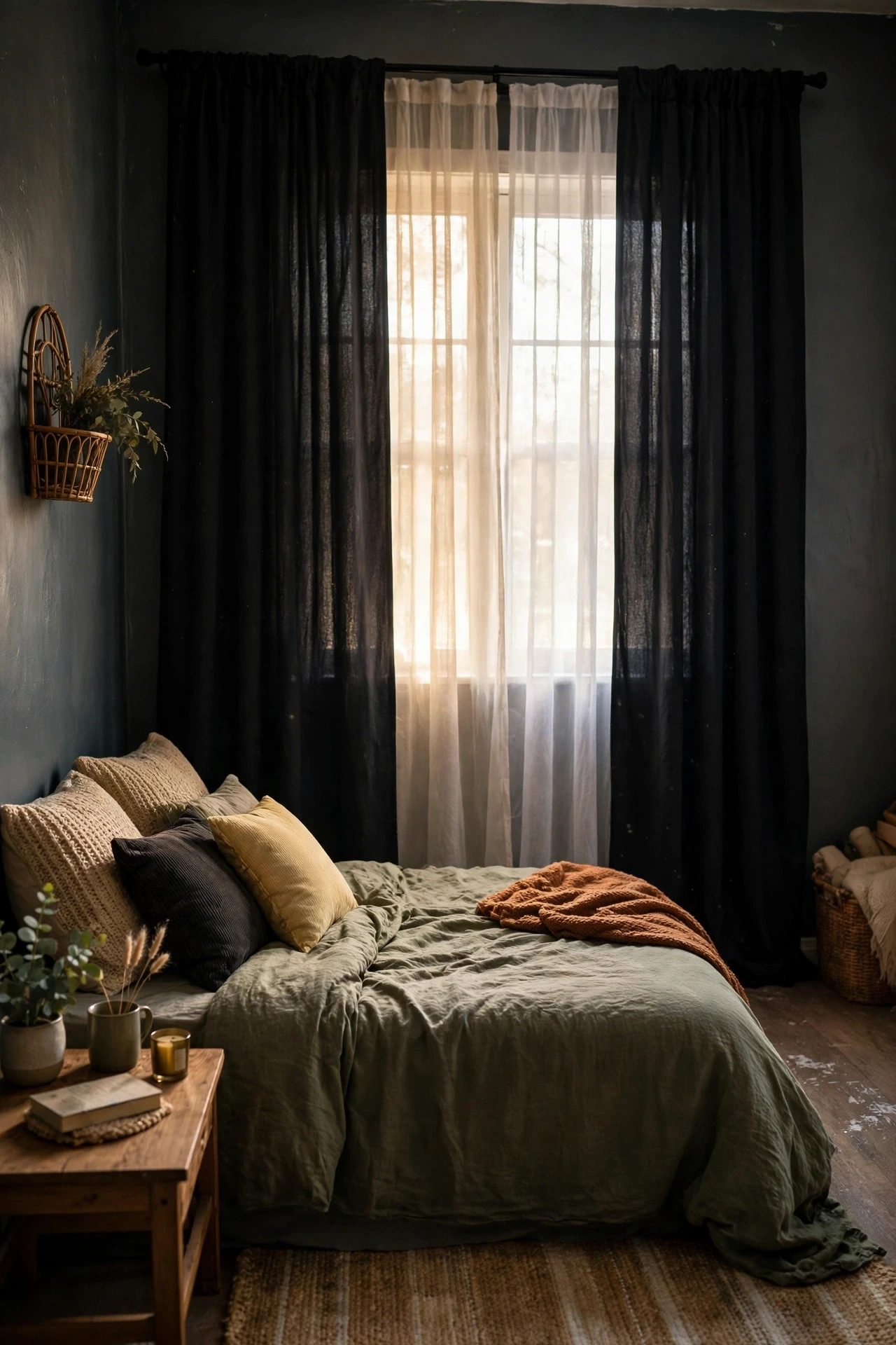 Floor-length blackout curtains layered over sheers in a dark bedroom