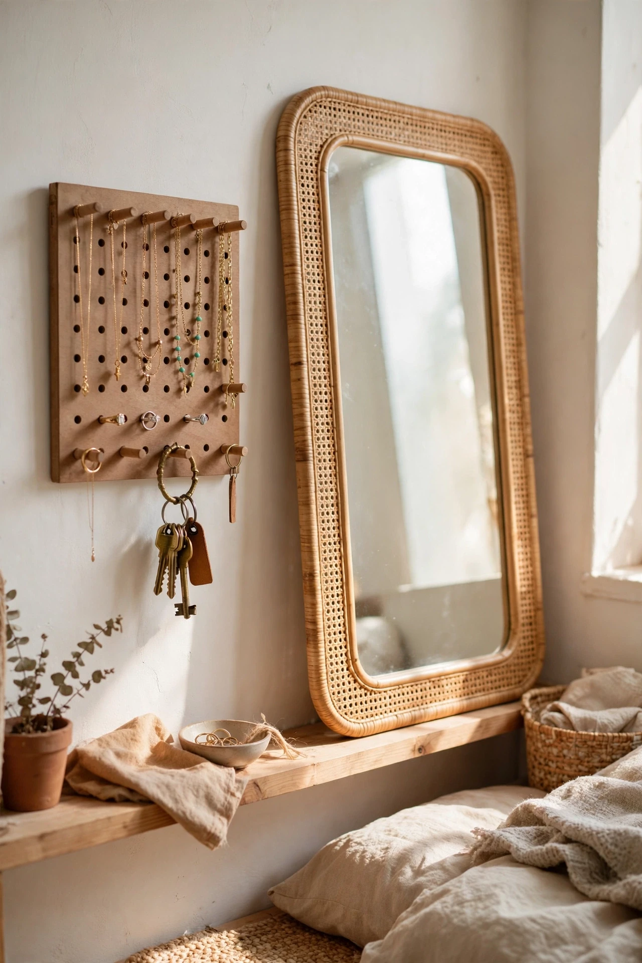 Small pegboard with necklaces rings and keys beside a bedroom mirror