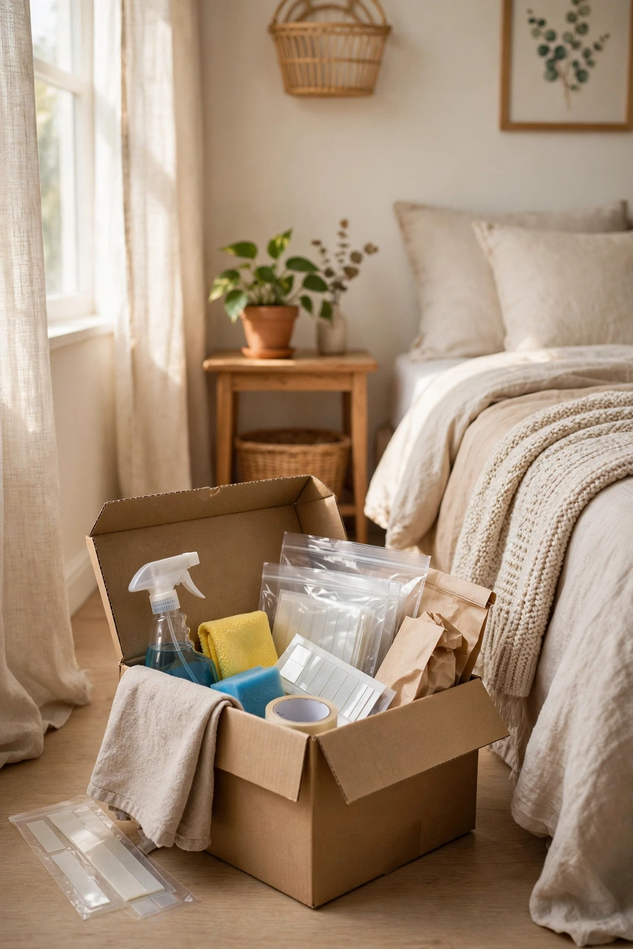 Move-out kit box with cleaning supplies spare strips and labelled bags in a bedroom