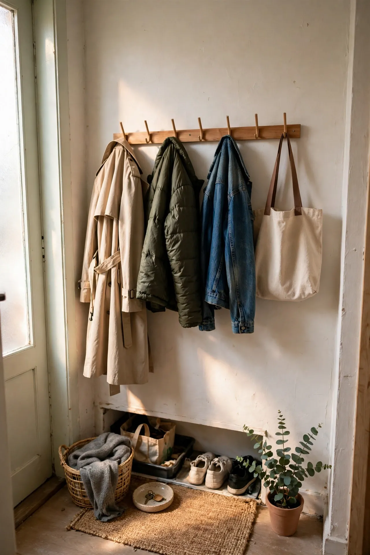 Slim wooden wall hook rail with coats and a bag in a tiny apartment entryway