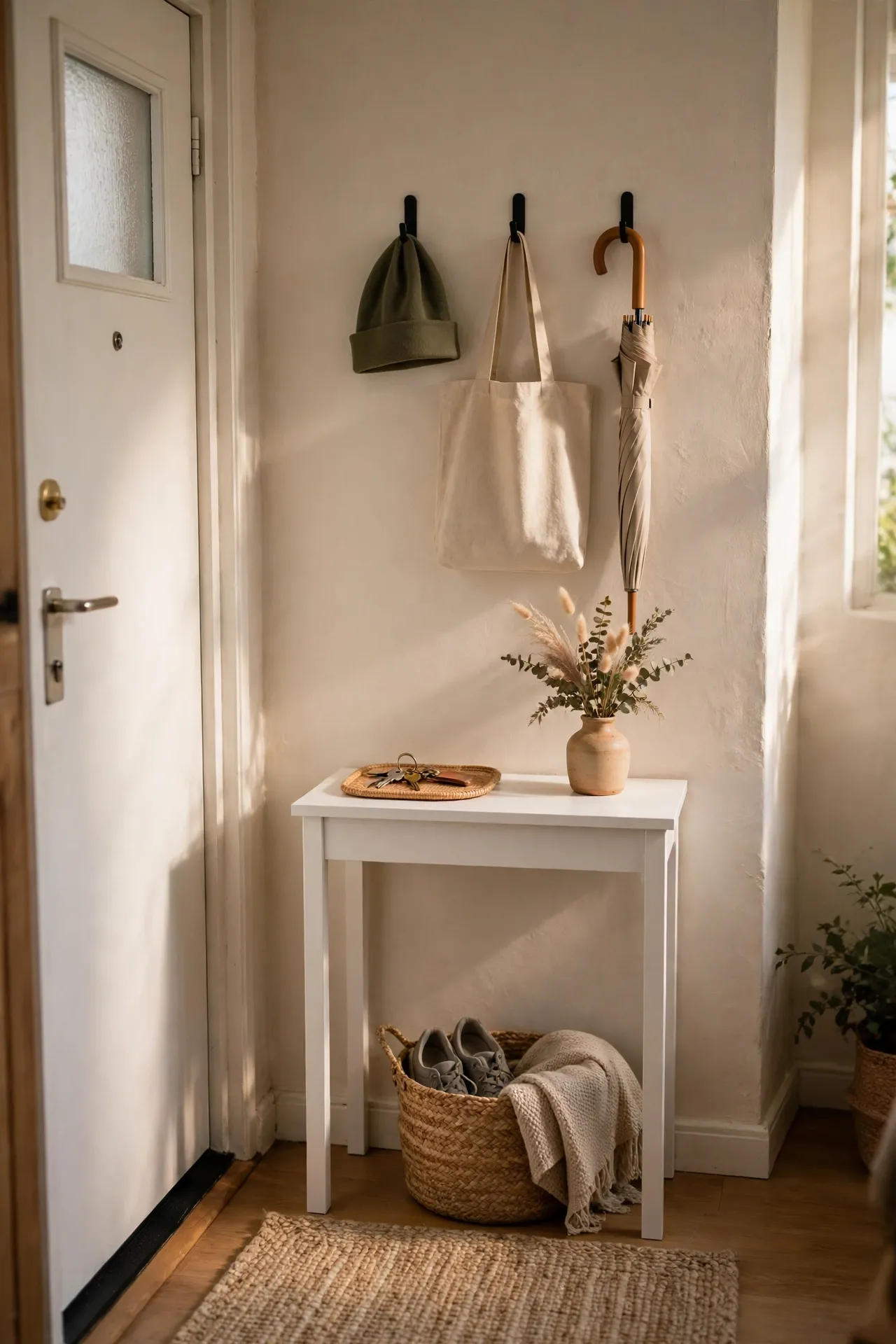 Narrow white console table with a key tray and vase in a small apartment entry