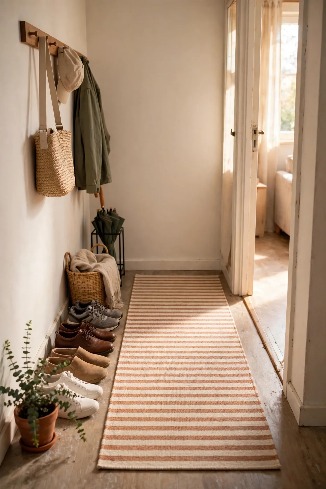 Striped washable runner rug with shoes neatly placed in a tiny apartment entry
