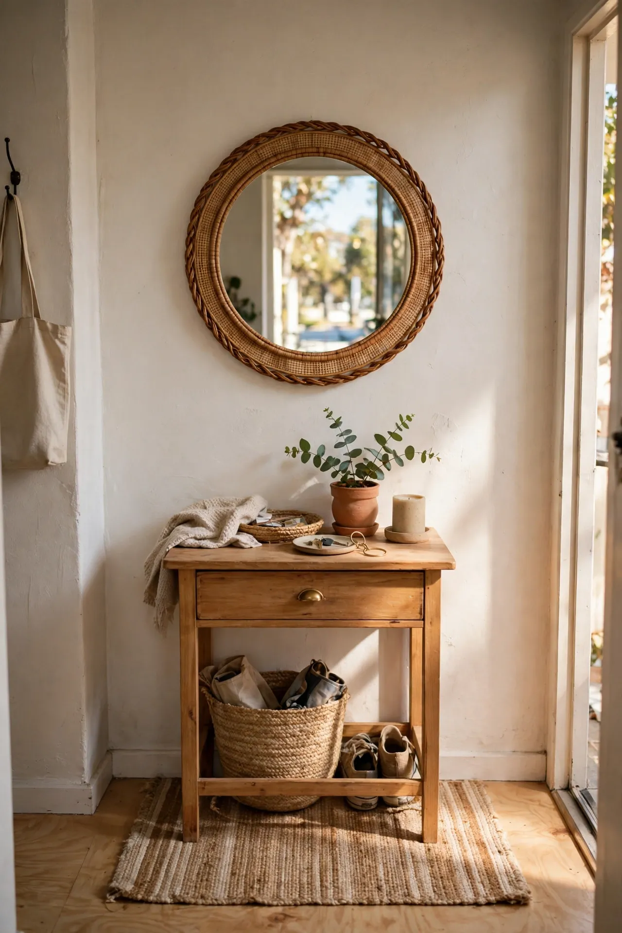 Round mirror above a console table reflecting light in a tiny apartment entryway