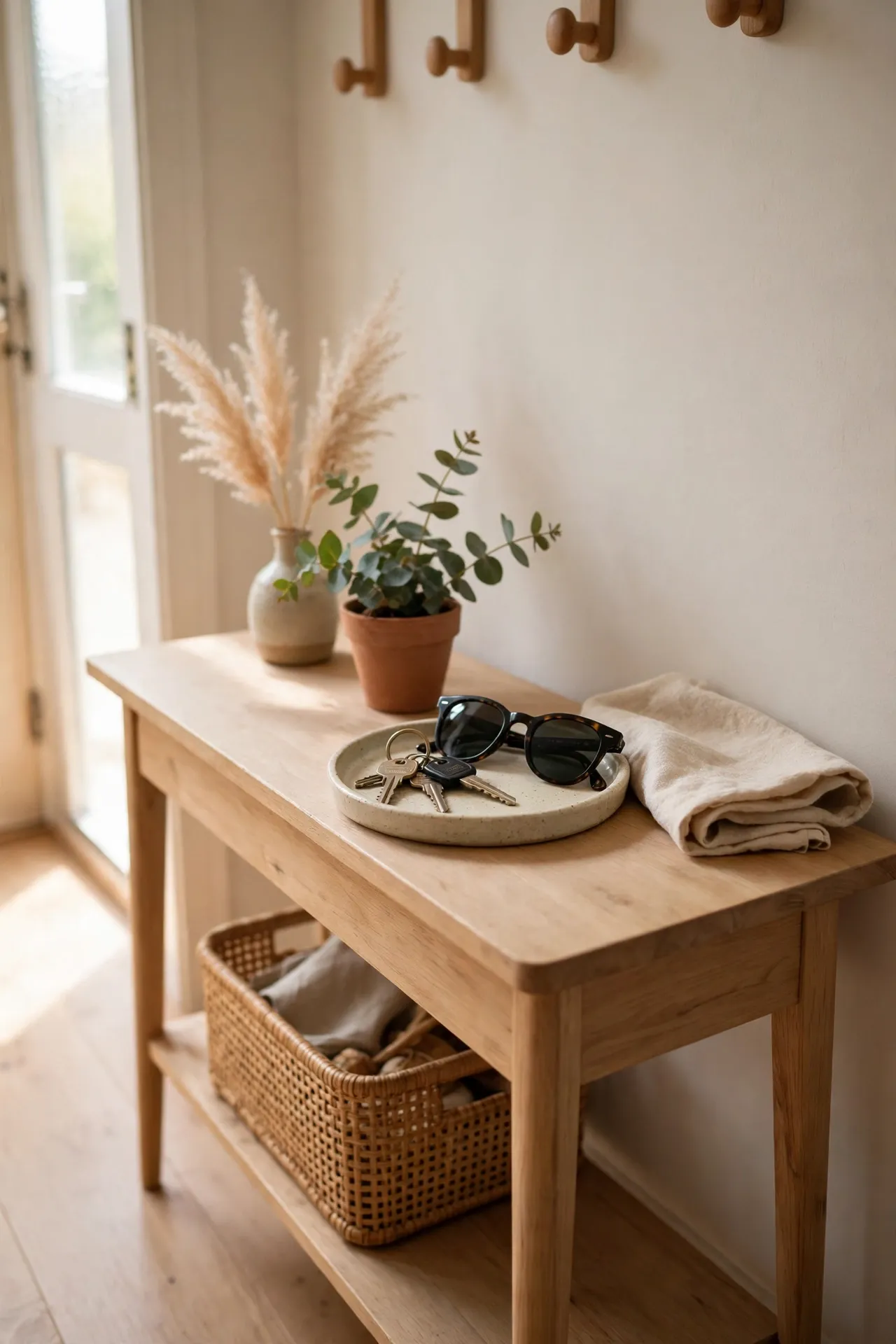 Small ceramic tray holding keys and sunglasses on an entryway console