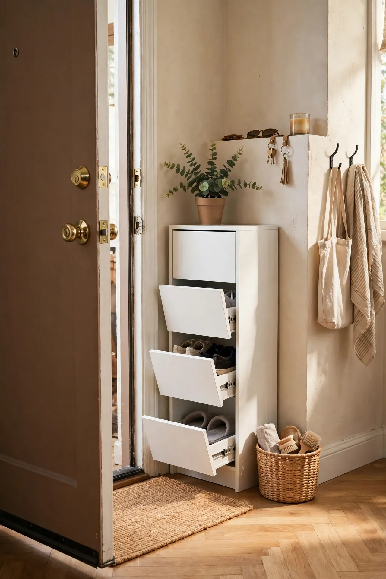 Slim white shoe cabinet with tilt-out drawers tucked behind an apartment front door