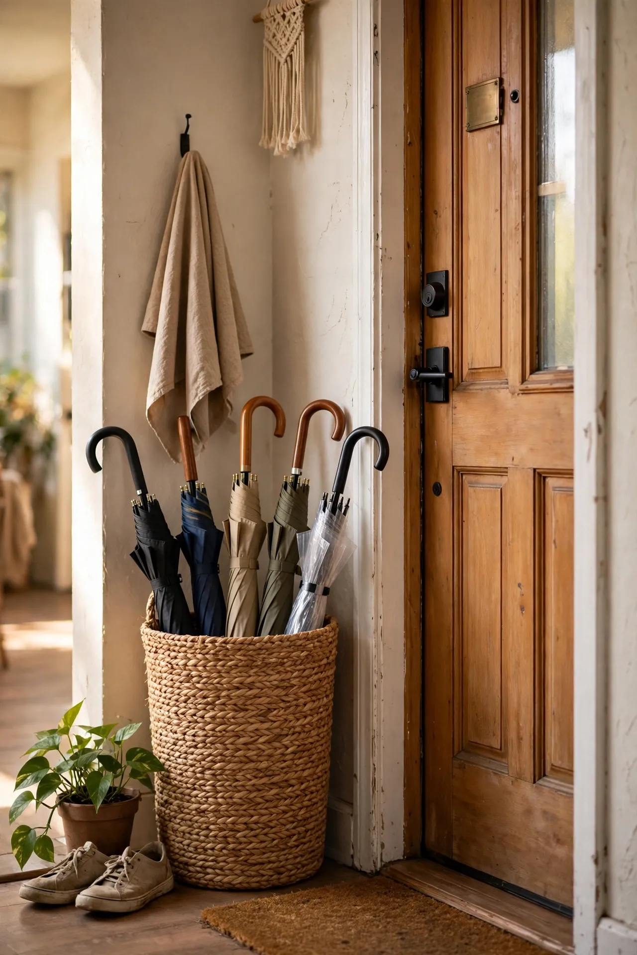 Tall woven basket holding umbrellas beside an apartment front door