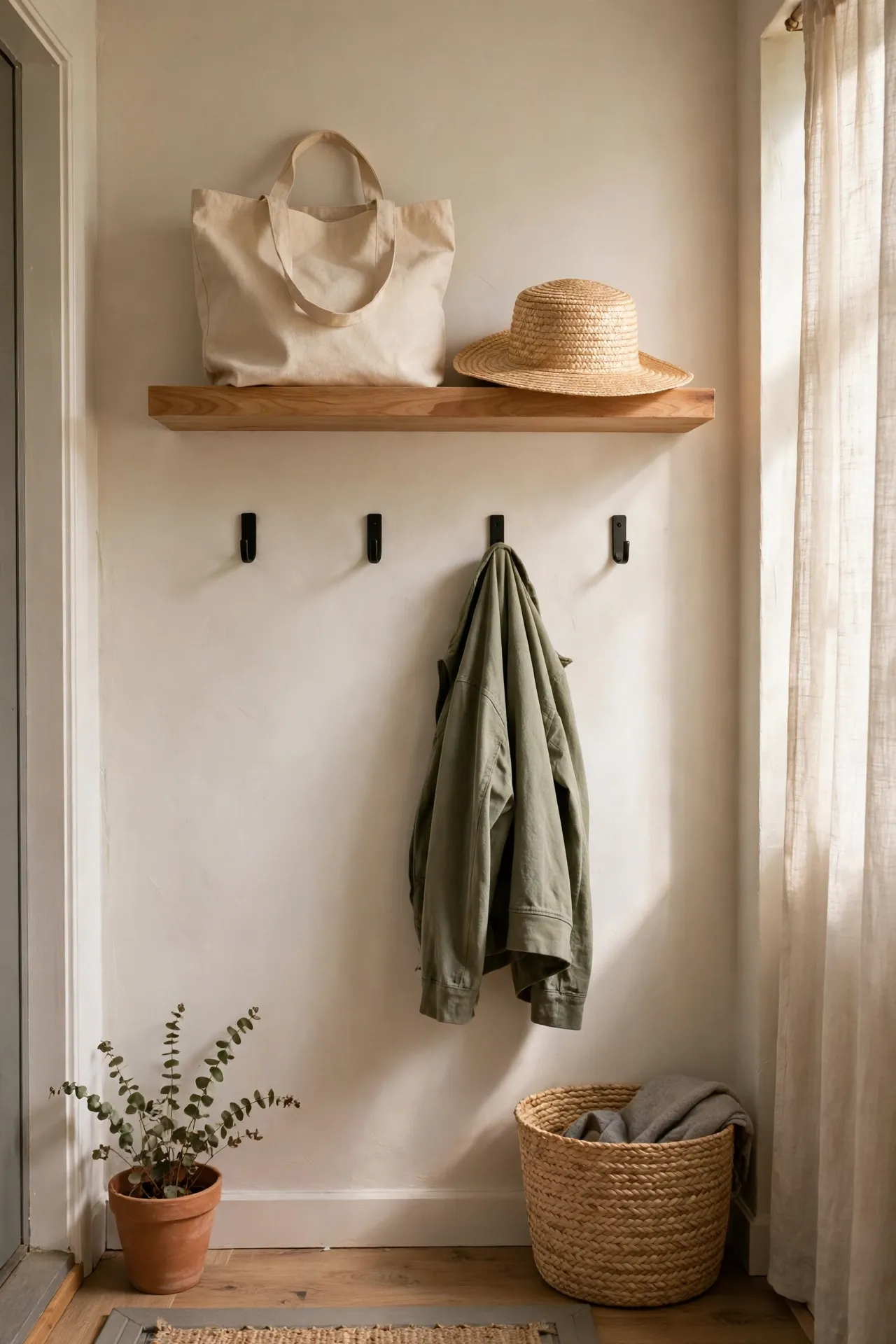 Wooden floating shelf holding a tote bag and sun hat above entryway hooks