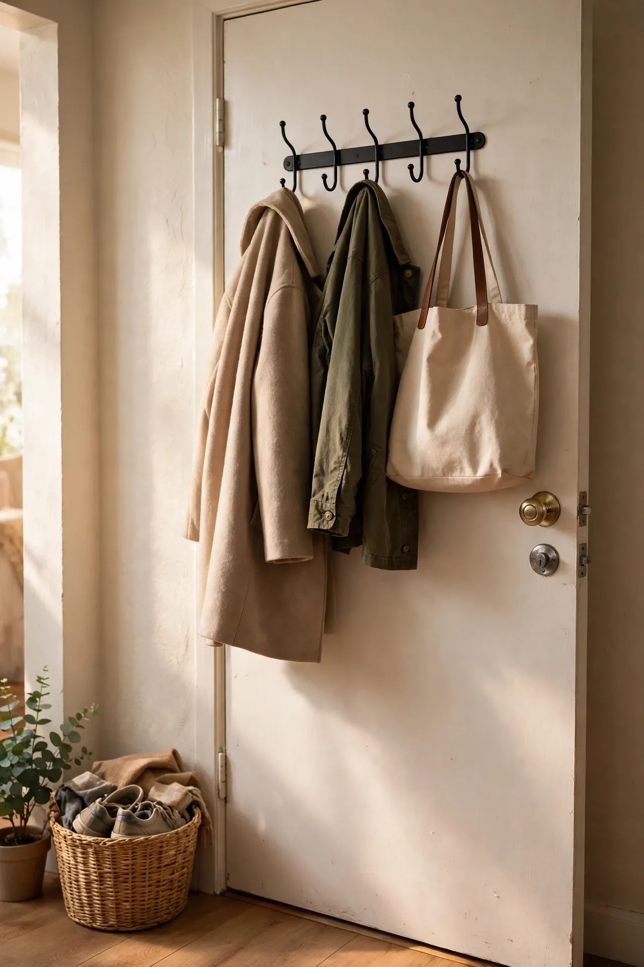 Over-the-door hooks holding coats and a tote bag in a rental apartment