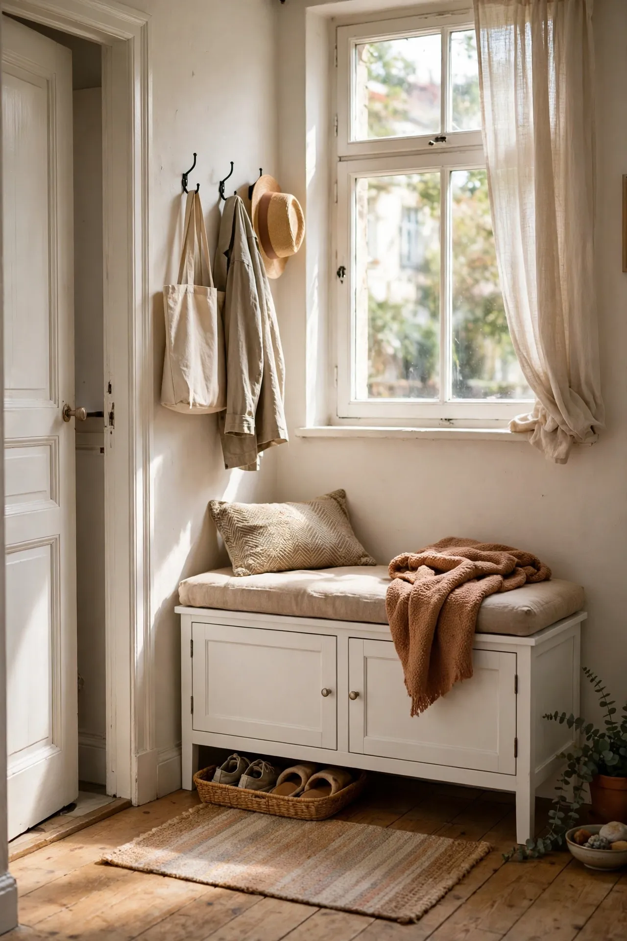 White storage bench with a cushion under an entryway window in a small apartment