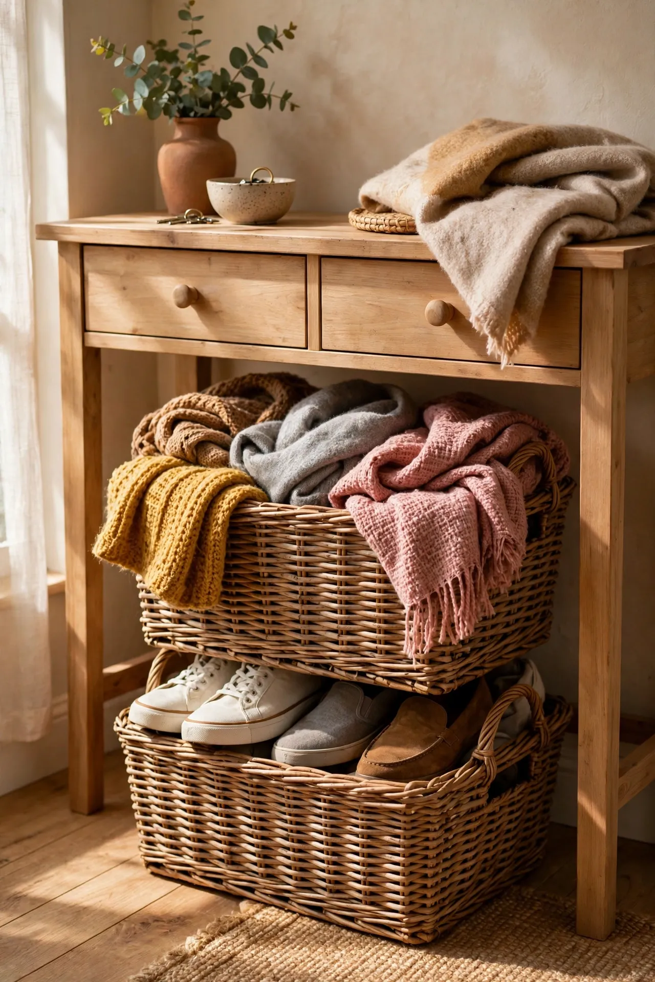 Two stacked wicker baskets holding shoes and scarves under an entryway console
