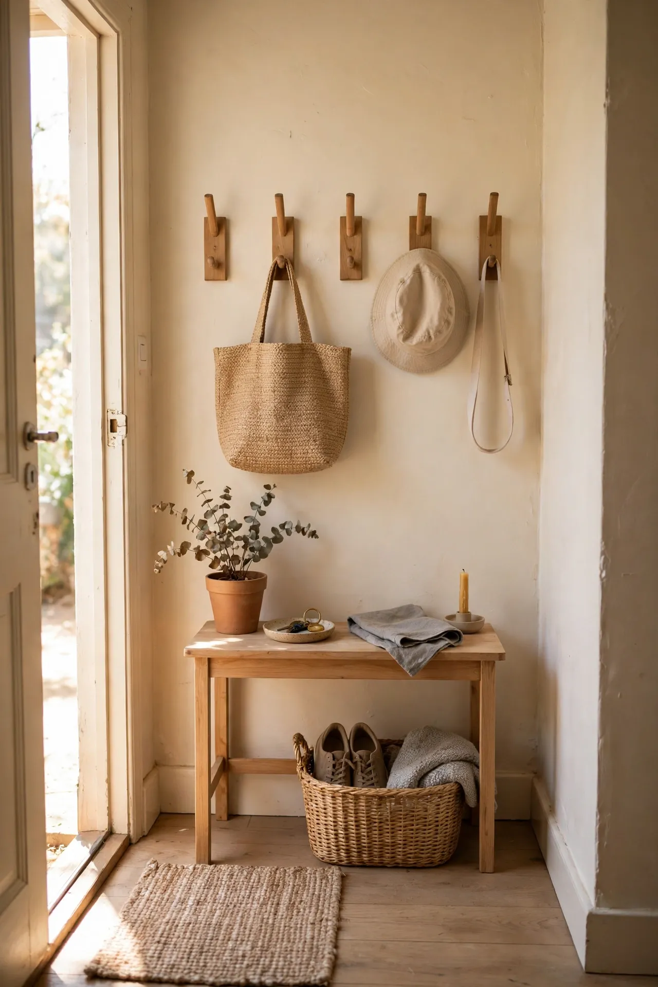 Tiny apartment entry nook painted warm cream with hooks and a console