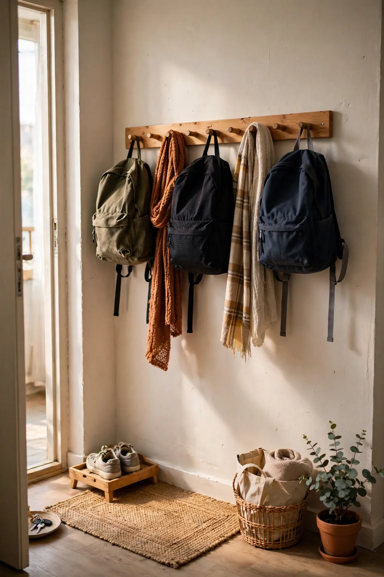Wooden peg rail holding backpacks and scarves in a small apartment entryway