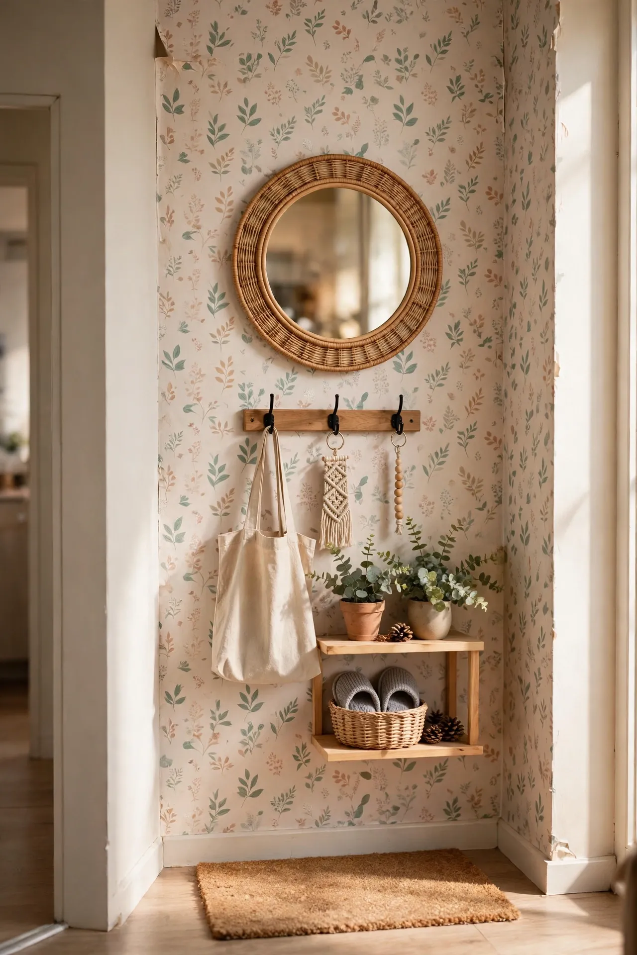 Small apartment entry wall with peel-and-stick patterned wallpaper and a mirror