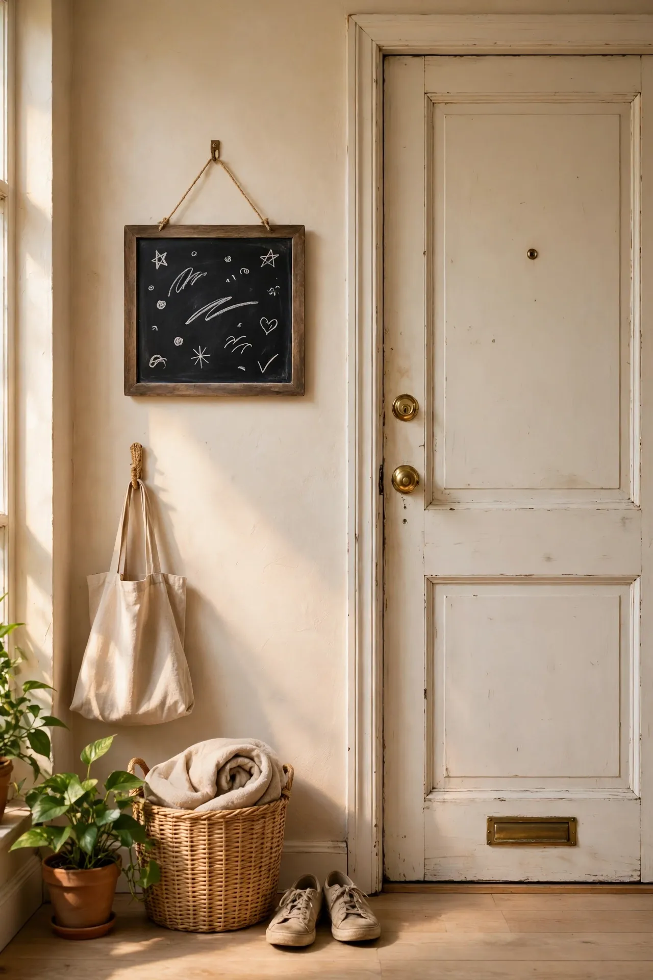 Small framed chalkboard with notes hanging beside an apartment front door