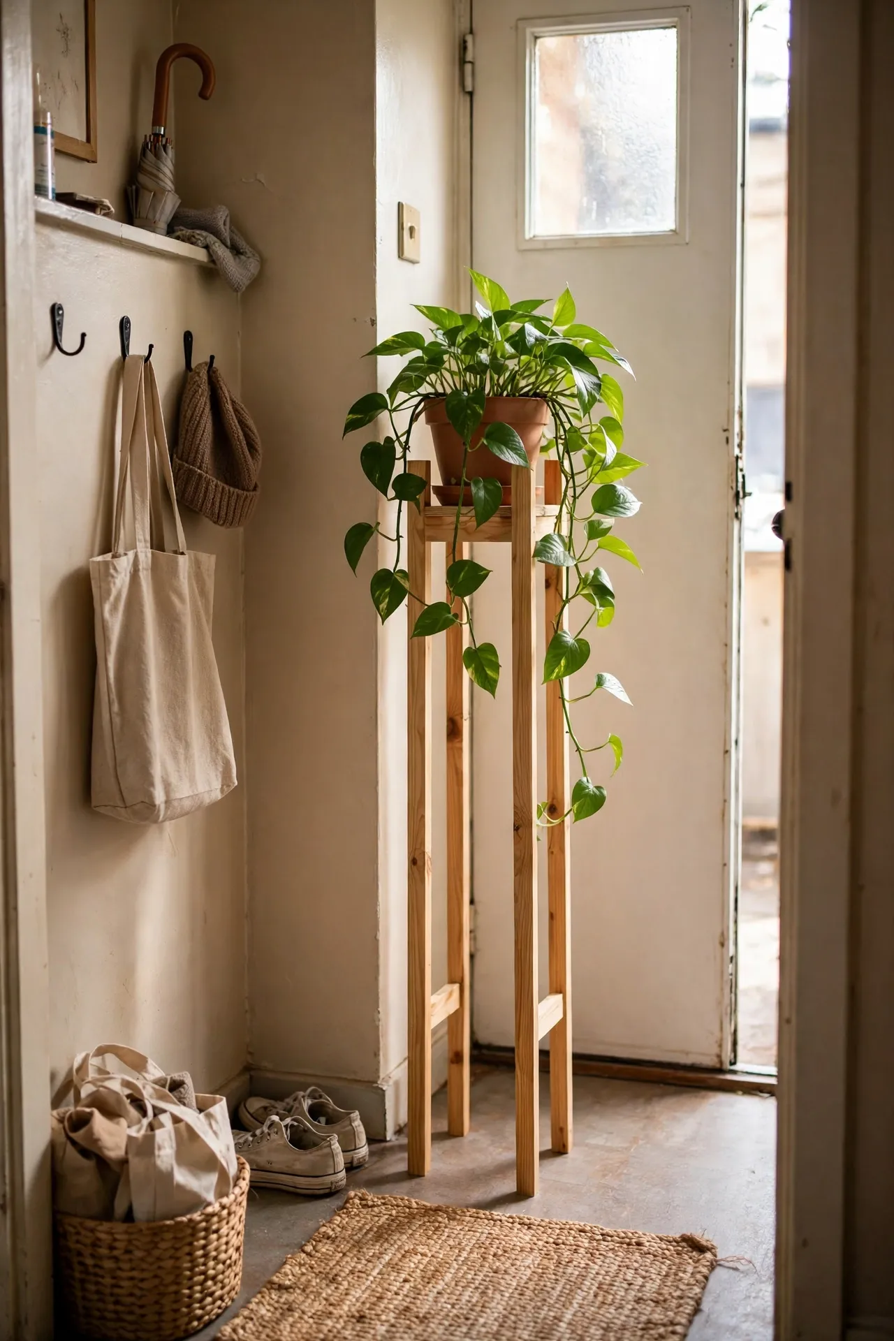 Potted pothos plant on a tall slim stand in a tiny apartment entryway