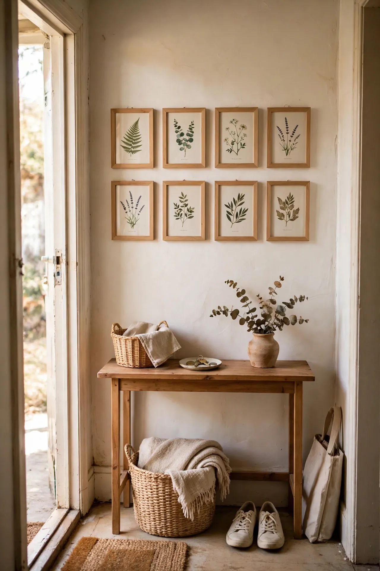 Gallery wall of small framed prints above a console in a tiny entryway