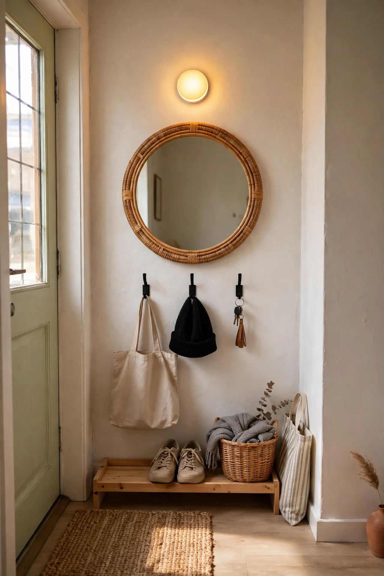 Warm battery puck light glowing above a round mirror in a dark apartment entry