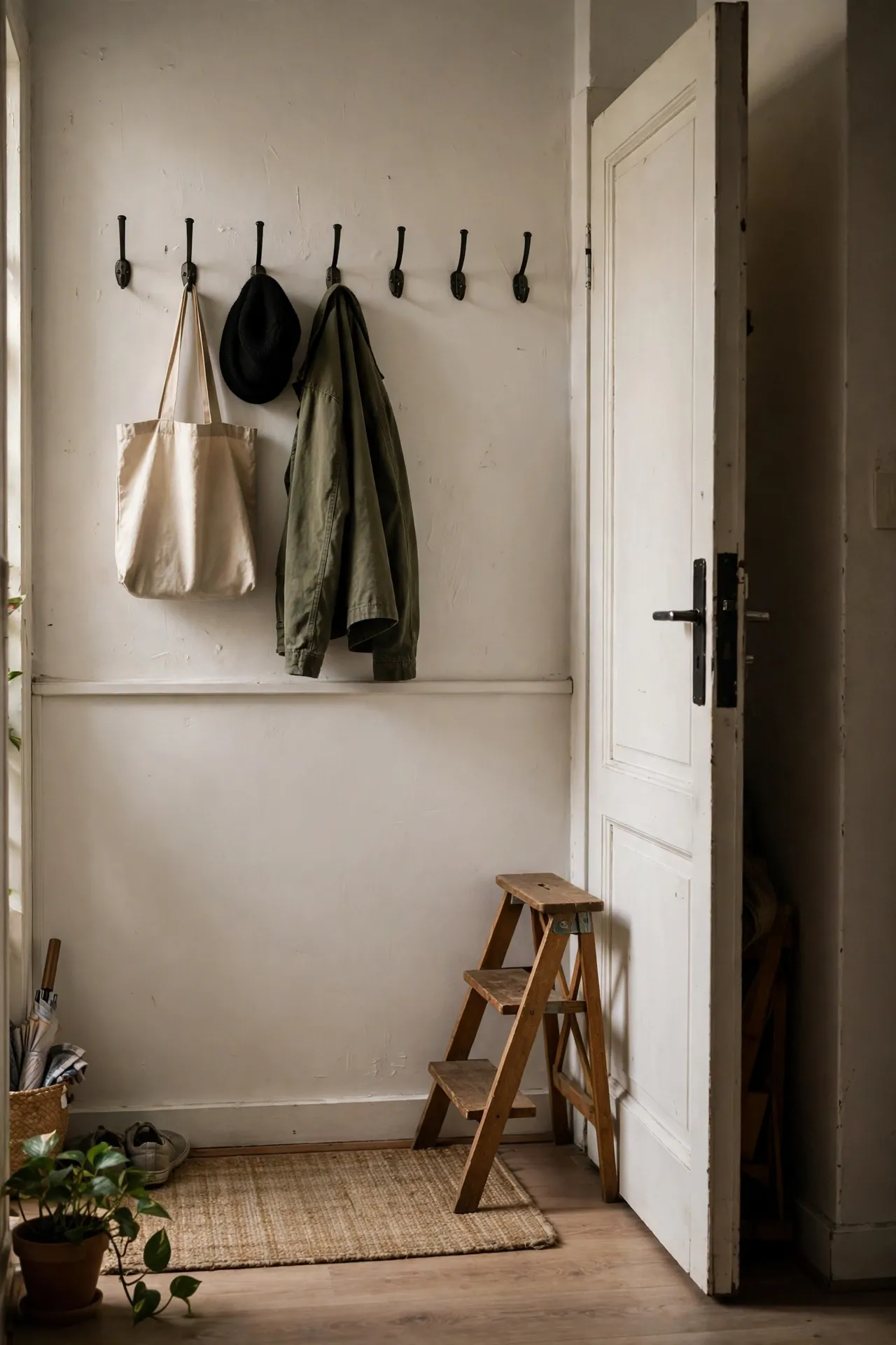 Foldable wooden step stool tucked behind an apartment front door
