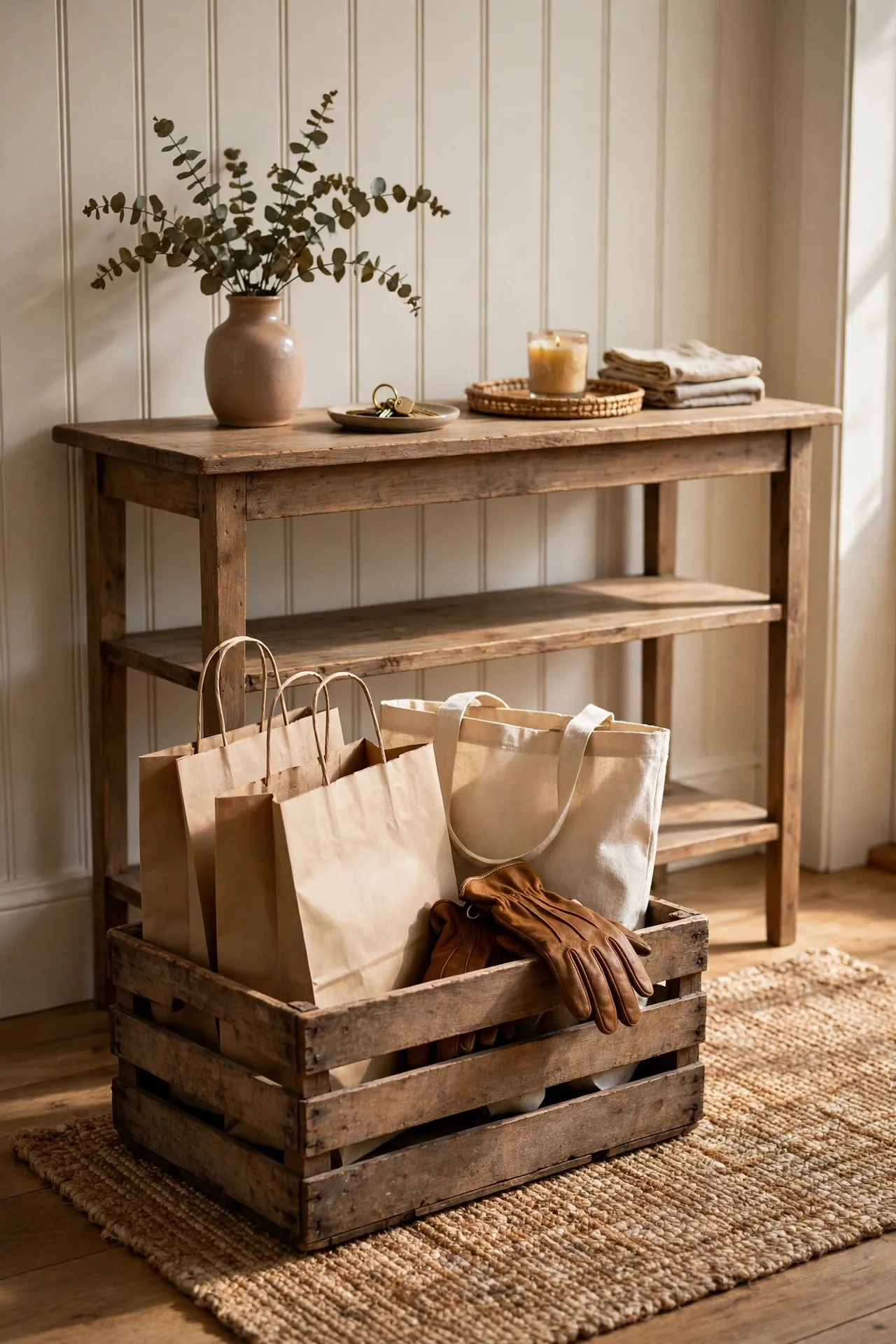 Vintage wooden crate holding shopping bags and gloves under an entryway console
