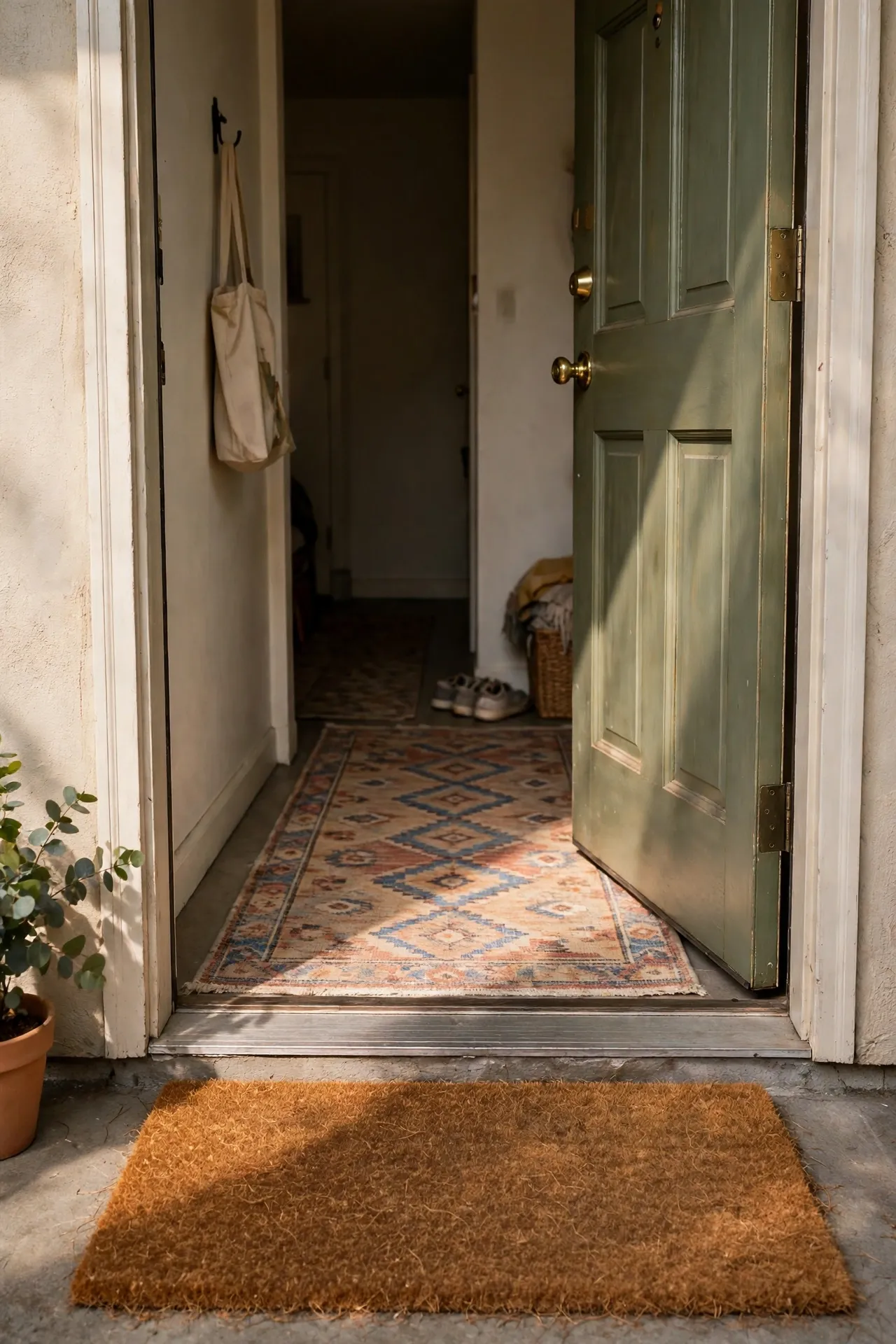 Thick coir doormat at an apartment front door with a runner behind it