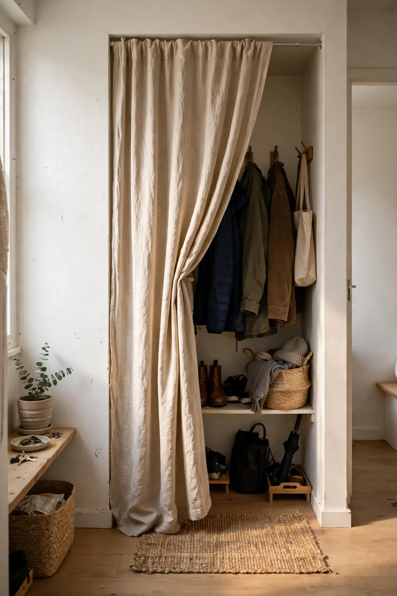 Linen curtain on a tension rod hiding an open coat nook in a small apartment