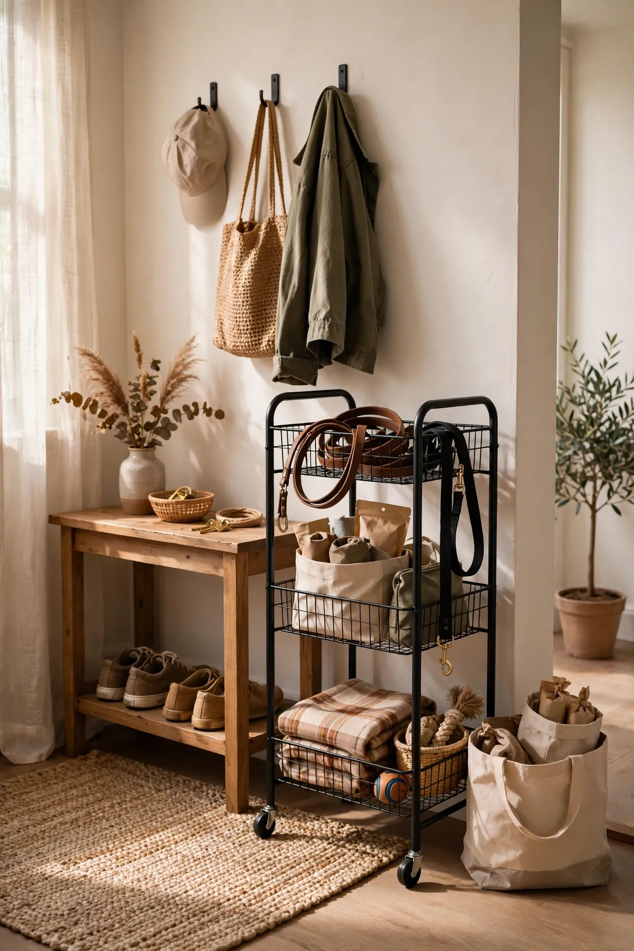 Slim three-tier rolling cart with dog leads and bags beside an entryway console