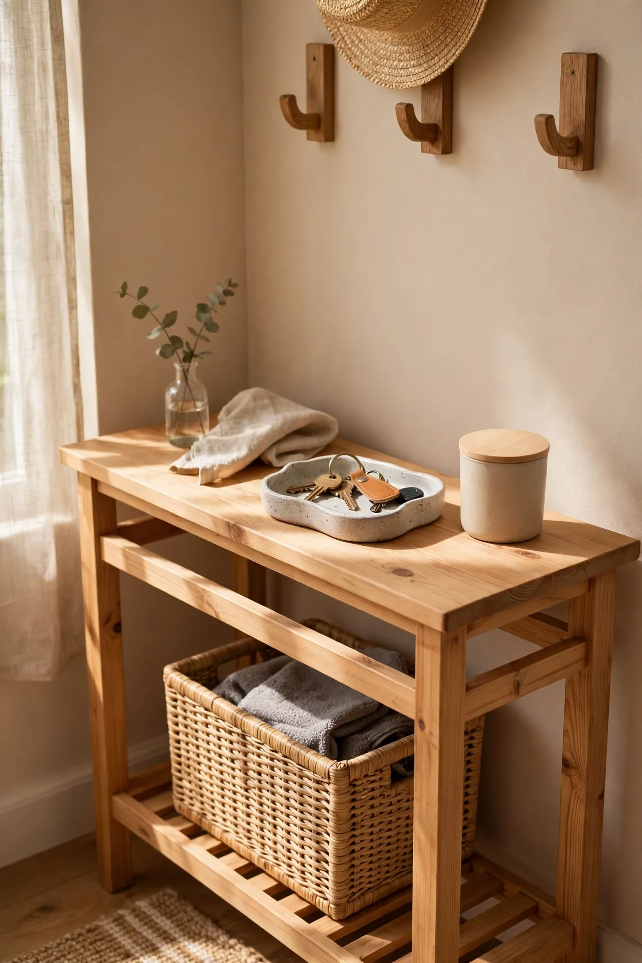 Small lidded scented candle on an entryway console beside a key tray