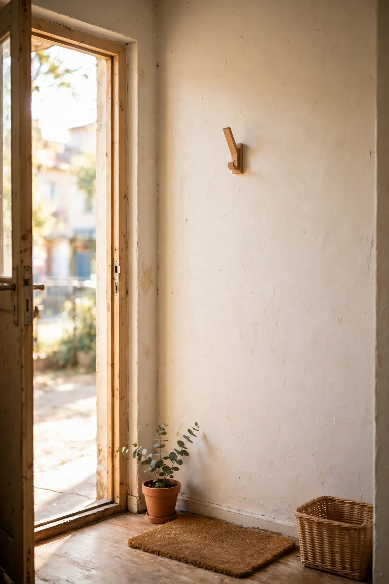 Single empty wooden wall hook waiting for a guest coat in a tiny entryway