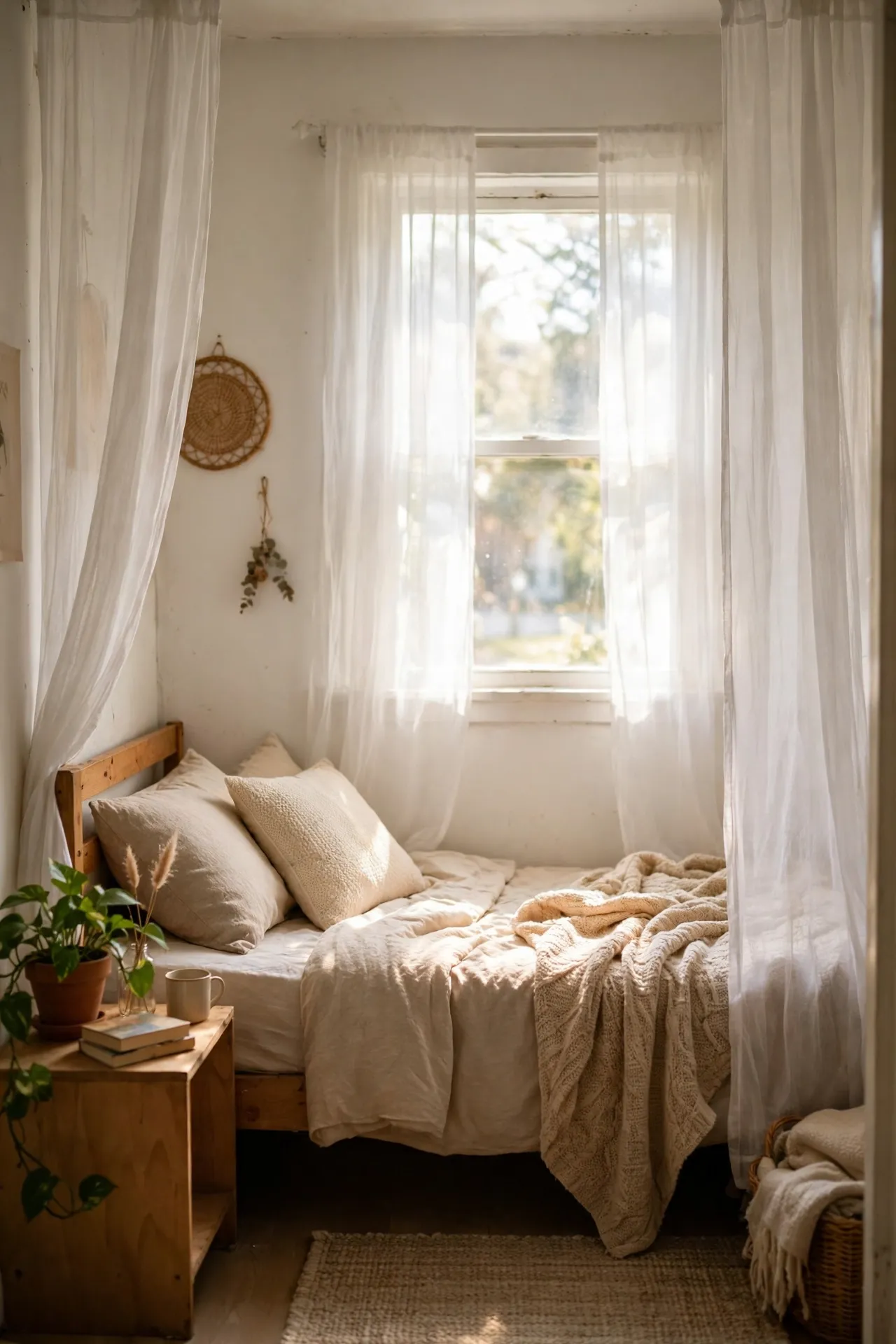 Sheer white curtain panels brightening a tiny rented bedroom