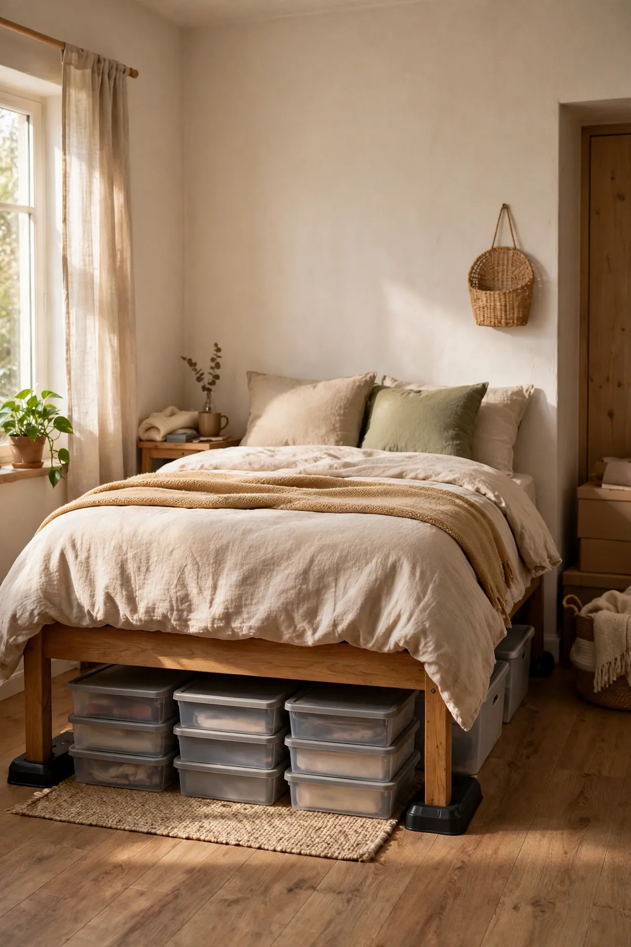 Bed raised on risers with flat storage boxes underneath in a small bedroom