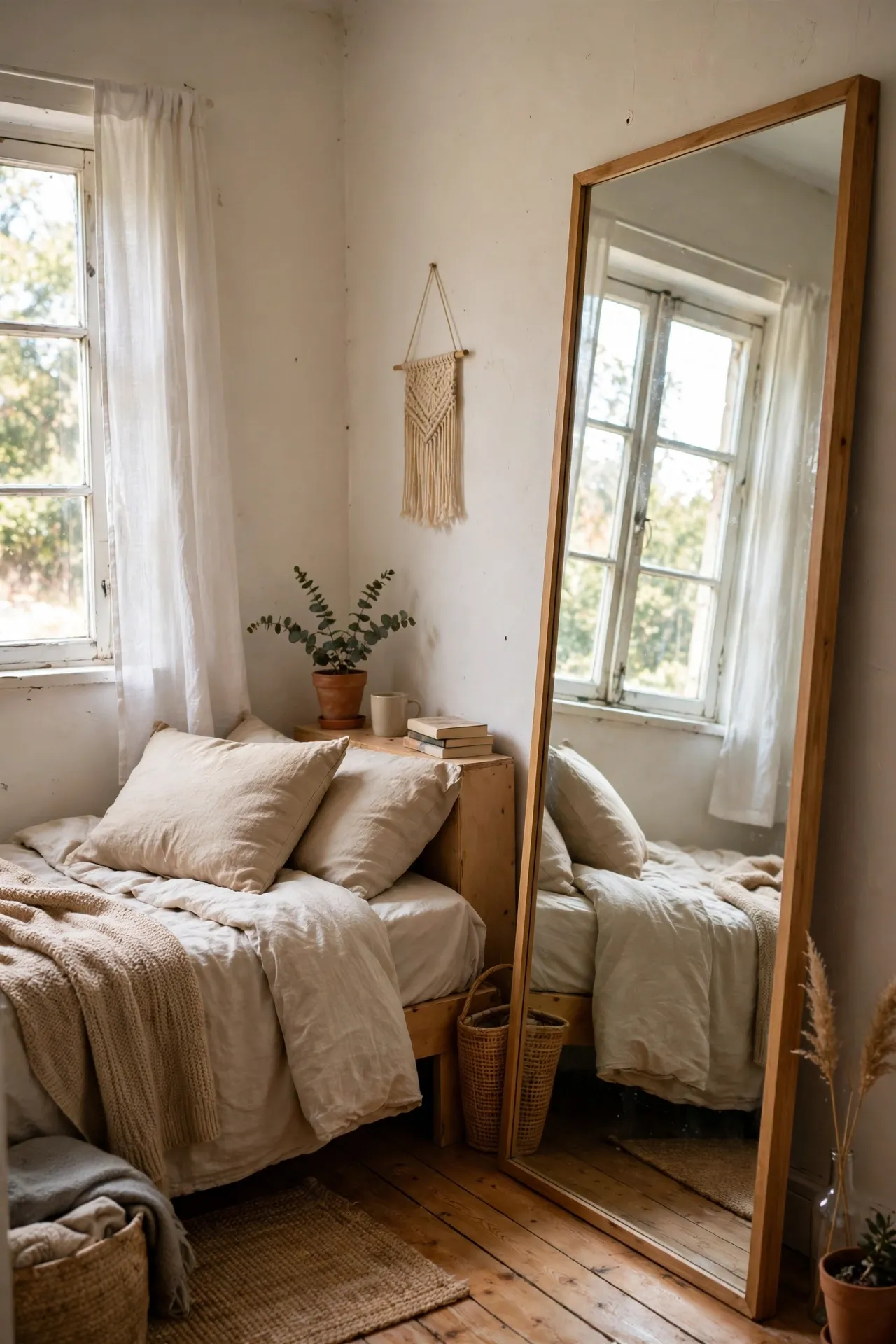 Large leaning mirror opposite a window doubling daylight in a tiny bedroom
