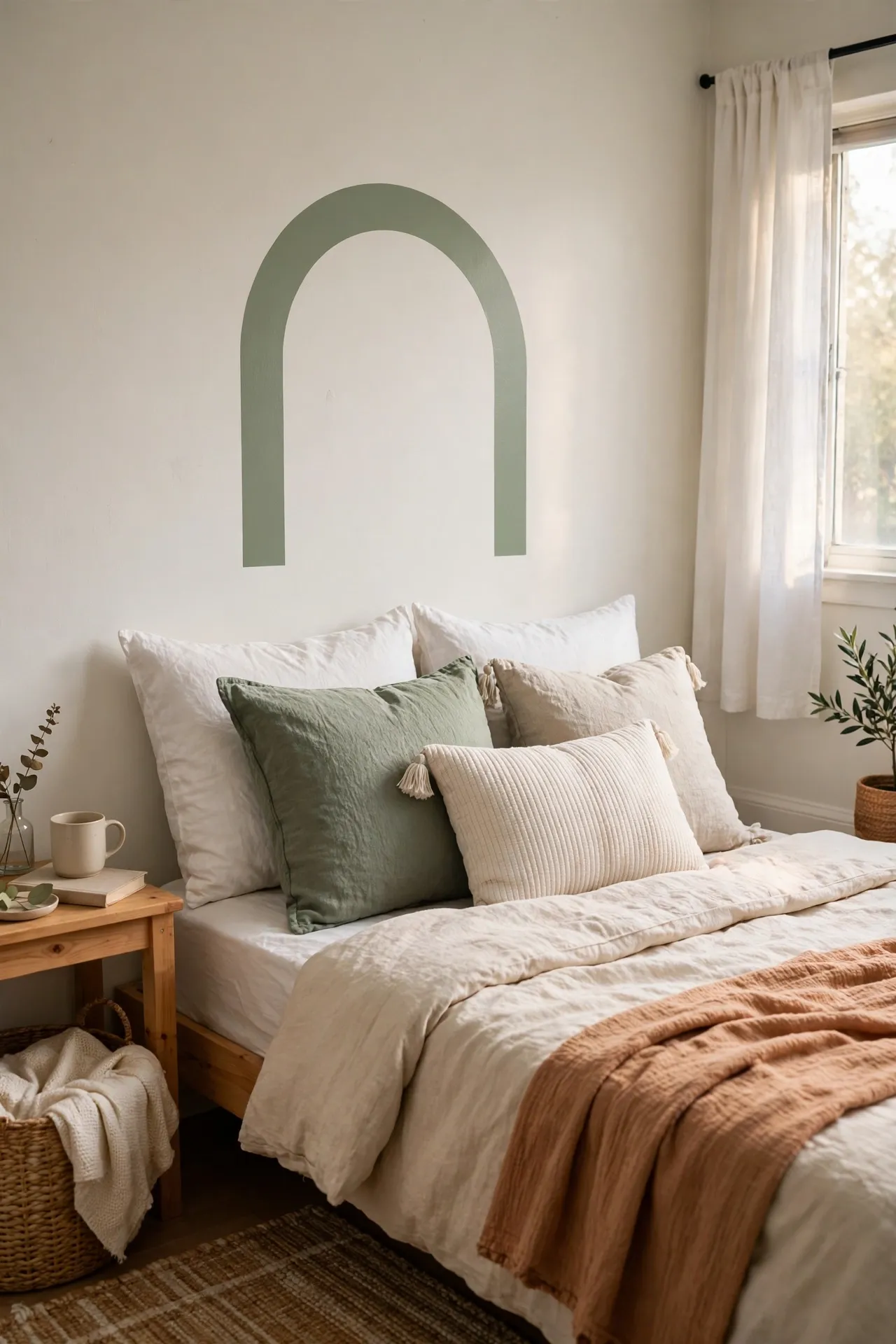 Sage arch peel-and-stick decal above pillows acting as a headboard in a rental bedroom