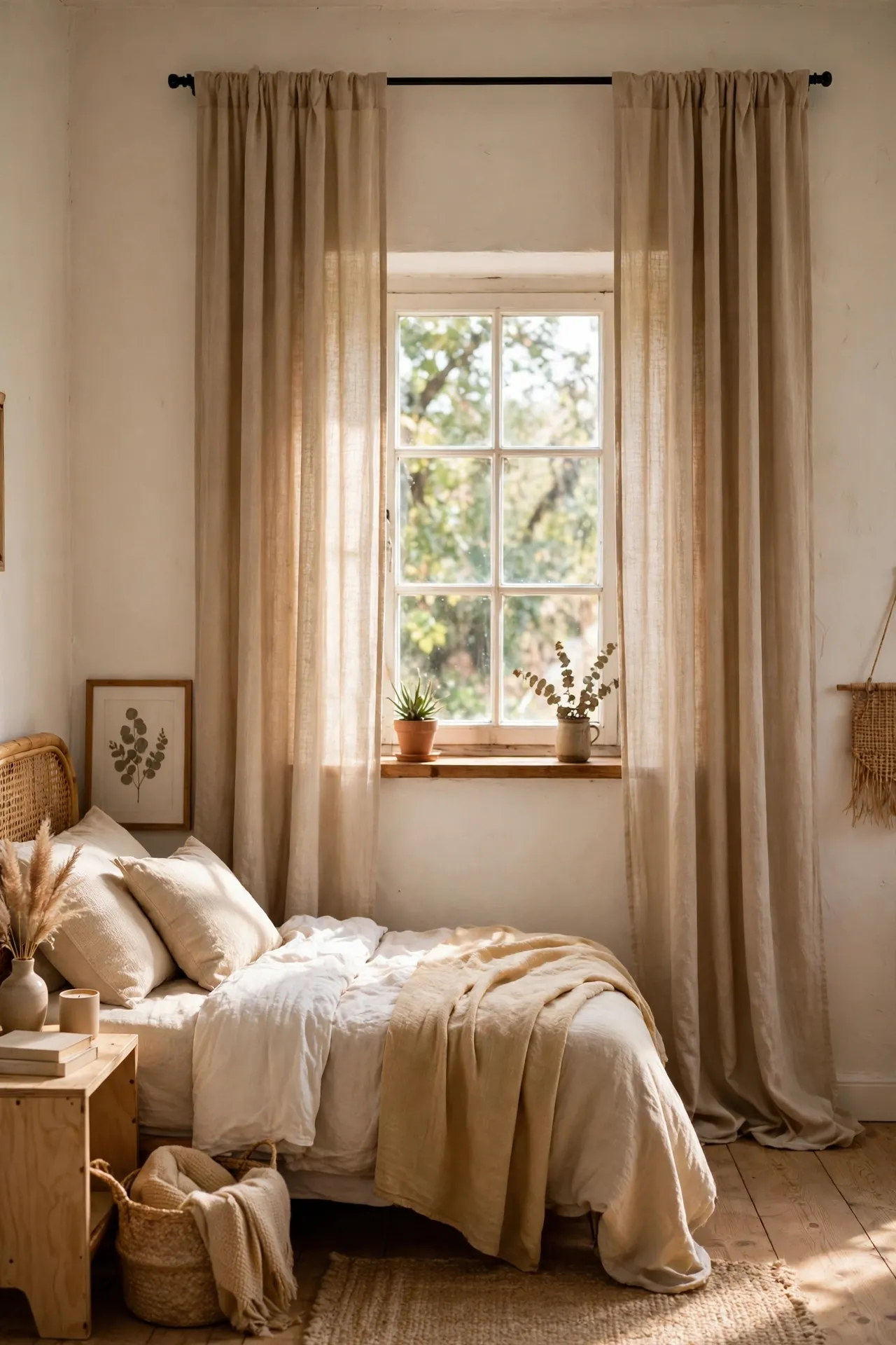 Curtains hung high and wide framing a small bedroom window to the floor