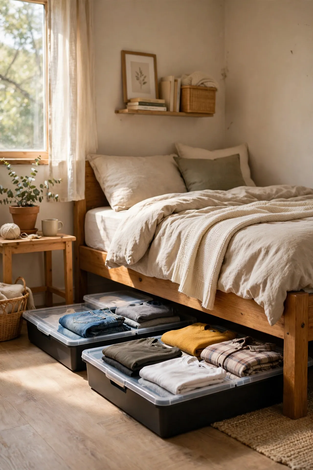 Flat lidded under-bed boxes holding folded clothes in a small bedroom